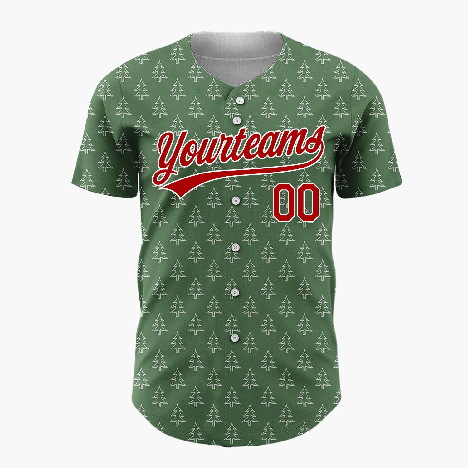 Custom Forest Green White Pine Trees Simple Doodle Pattern Christmas Baseball Jersey