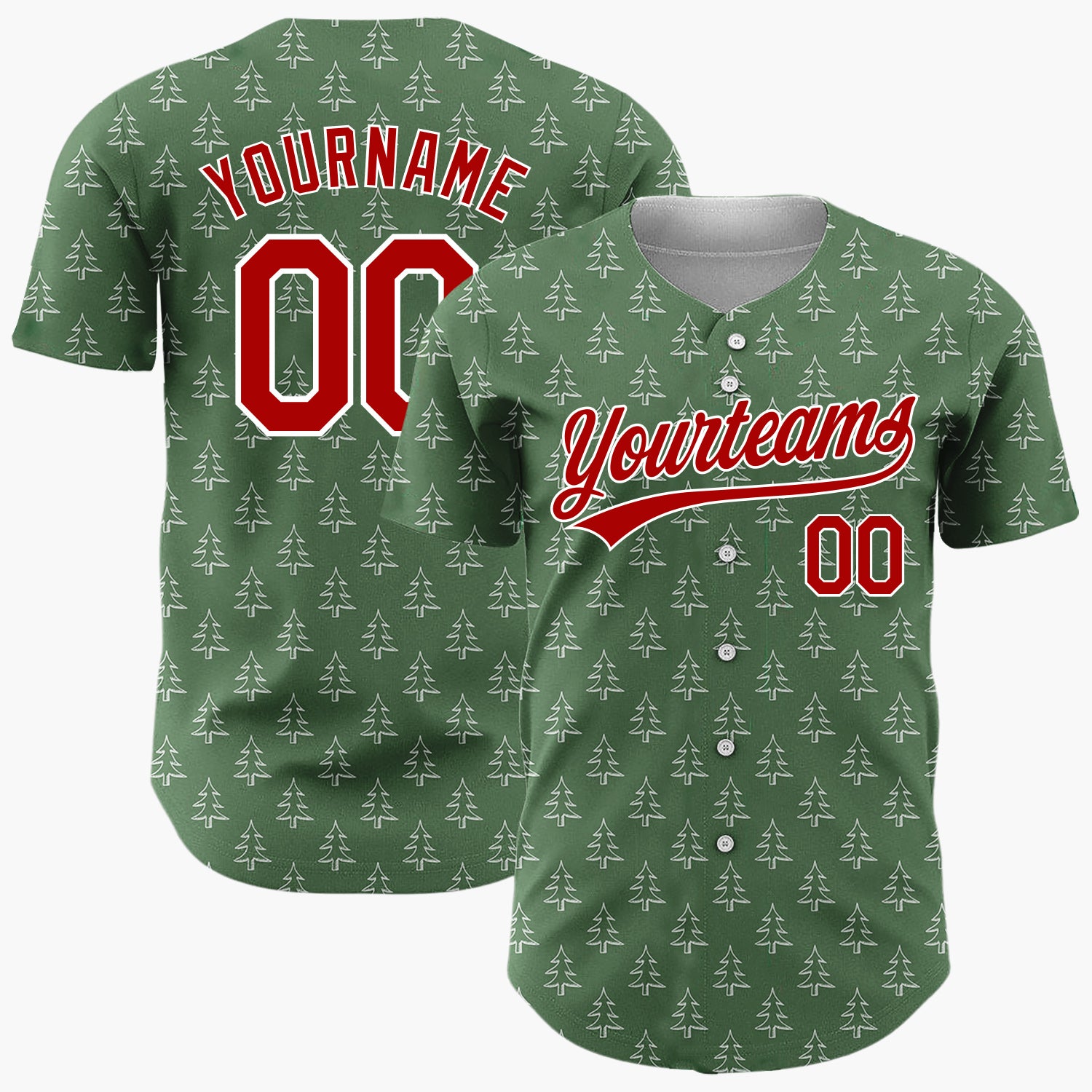 Custom Forest Green White Pine Trees Simple Doodle Pattern Christmas Baseball Jersey