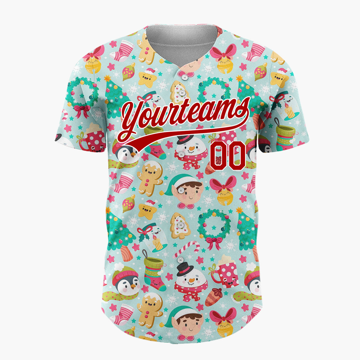 Custom Light Blue Green Red Elves Penguins And Gingerbread Cute Christmas Baseball Jersey
