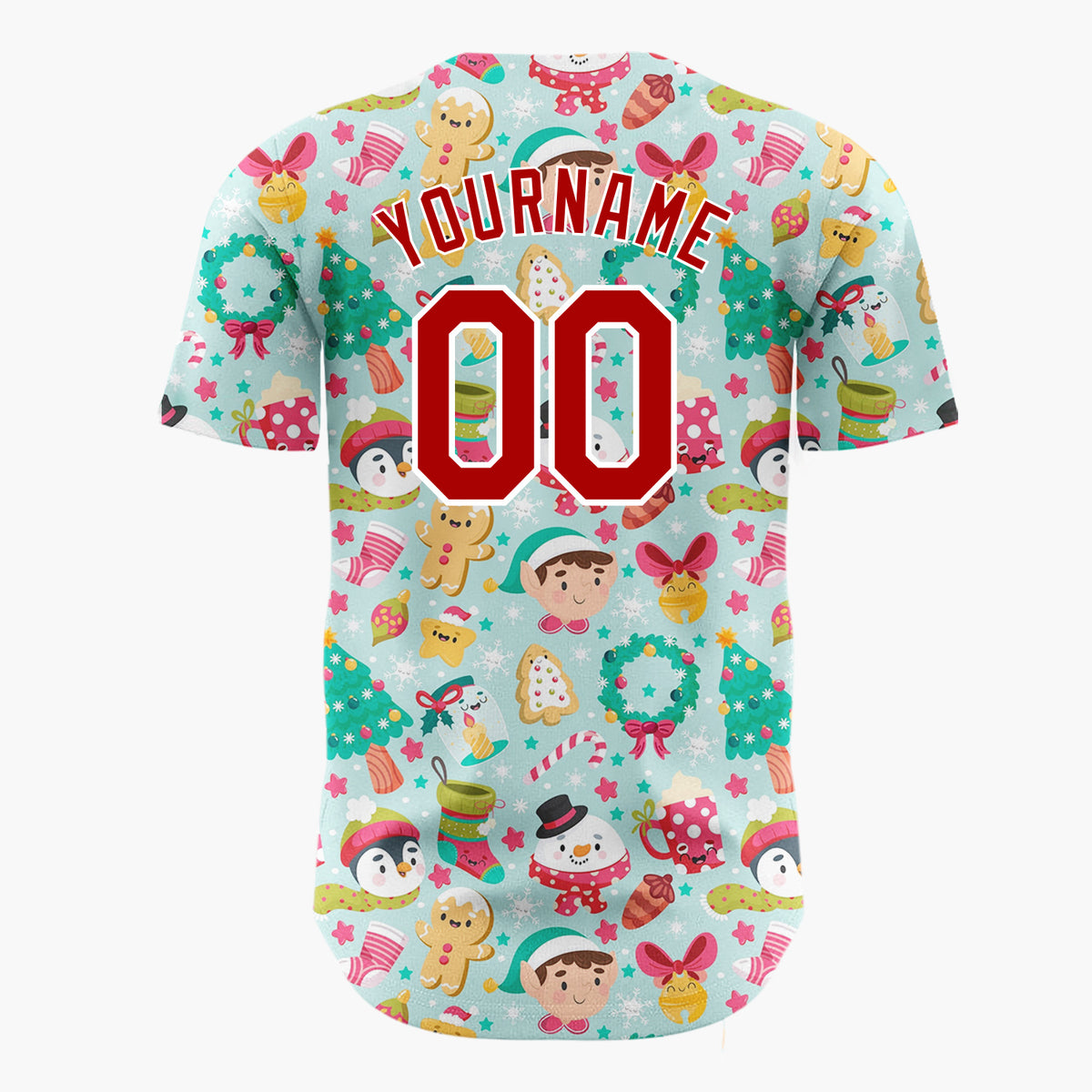 Custom Light Blue Green Red Elves Penguins And Gingerbread Cute Christmas Baseball Jersey