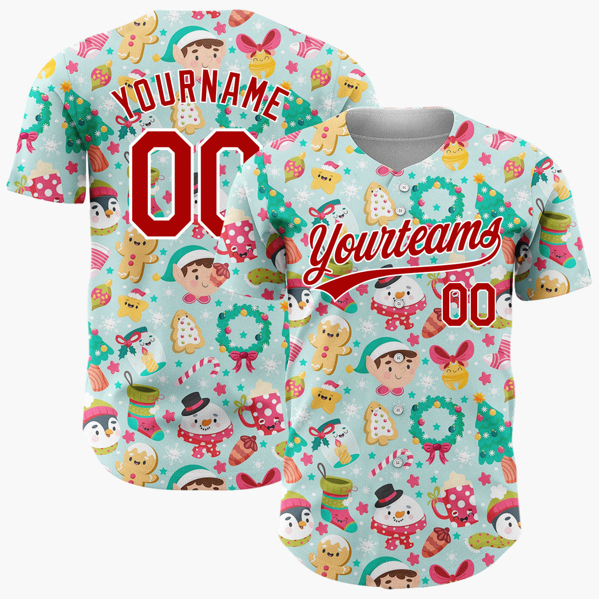Custom Light Blue Green Red Elves Penguins And Gingerbread Cute Christmas Baseball Jersey