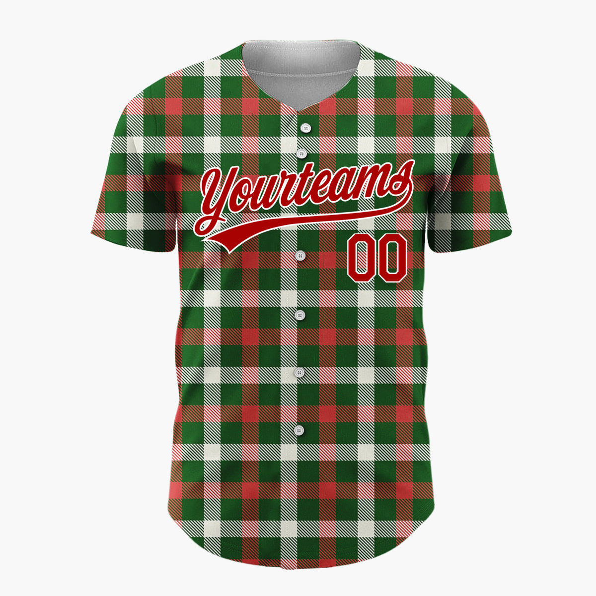 Custom Green Red And Cream Traditional Tartan Plaid Pattern Christmas Baseball Jersey