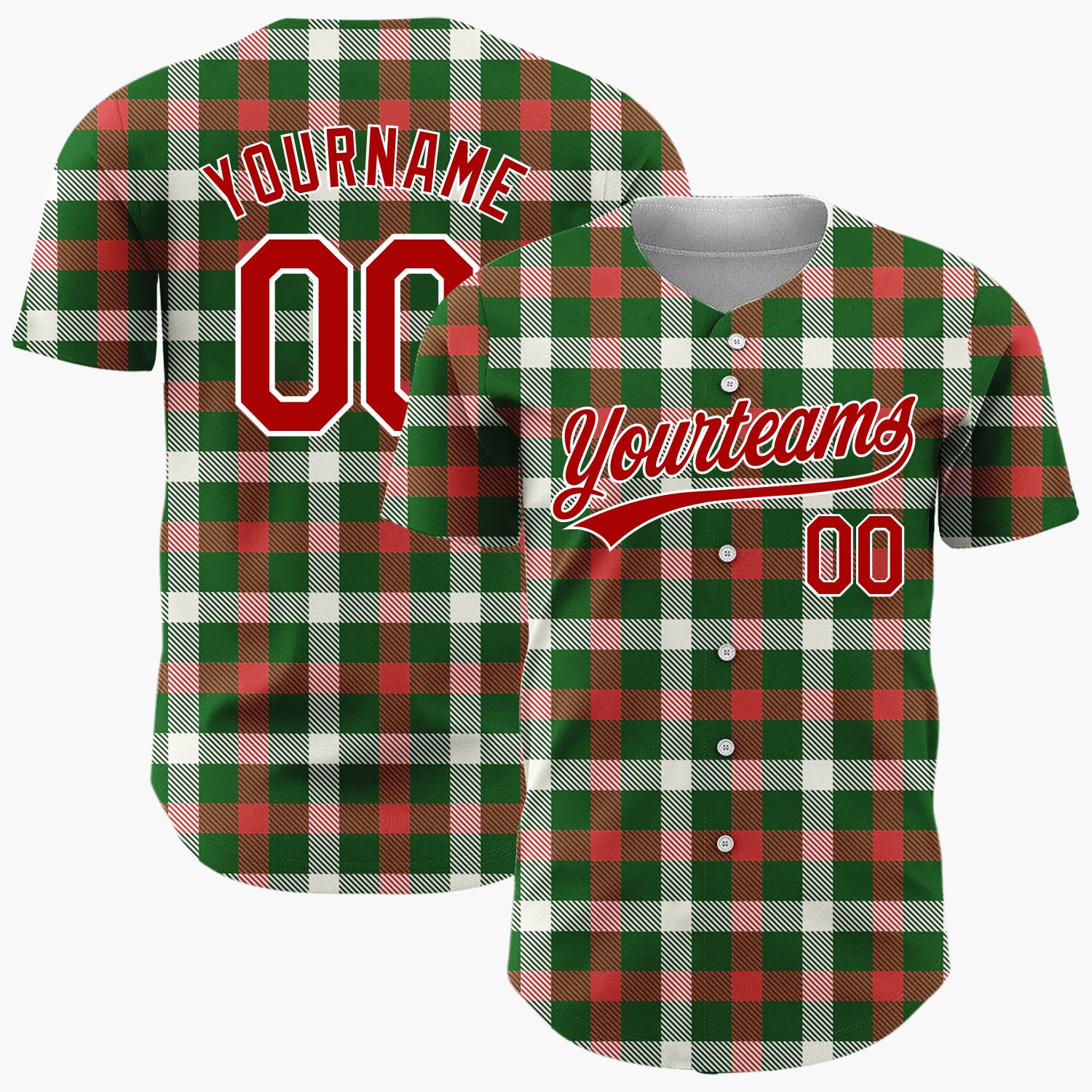 Custom Green Red And Cream Traditional Tartan Plaid Pattern Christmas Baseball Jersey