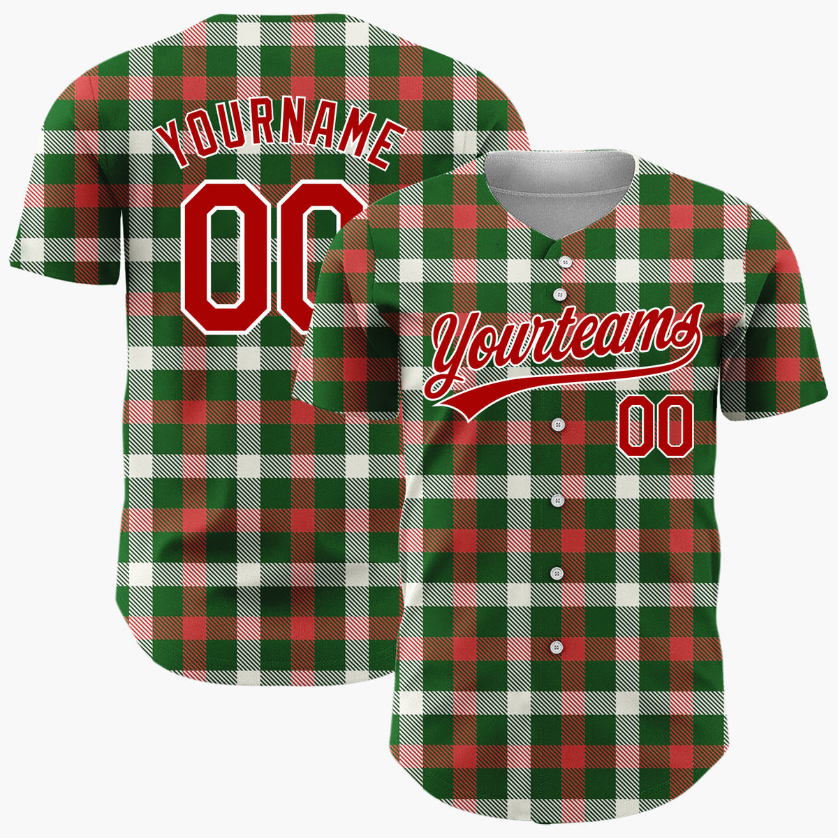 Custom Green Red And Cream Traditional Tartan Plaid Pattern Christmas Baseball Jersey