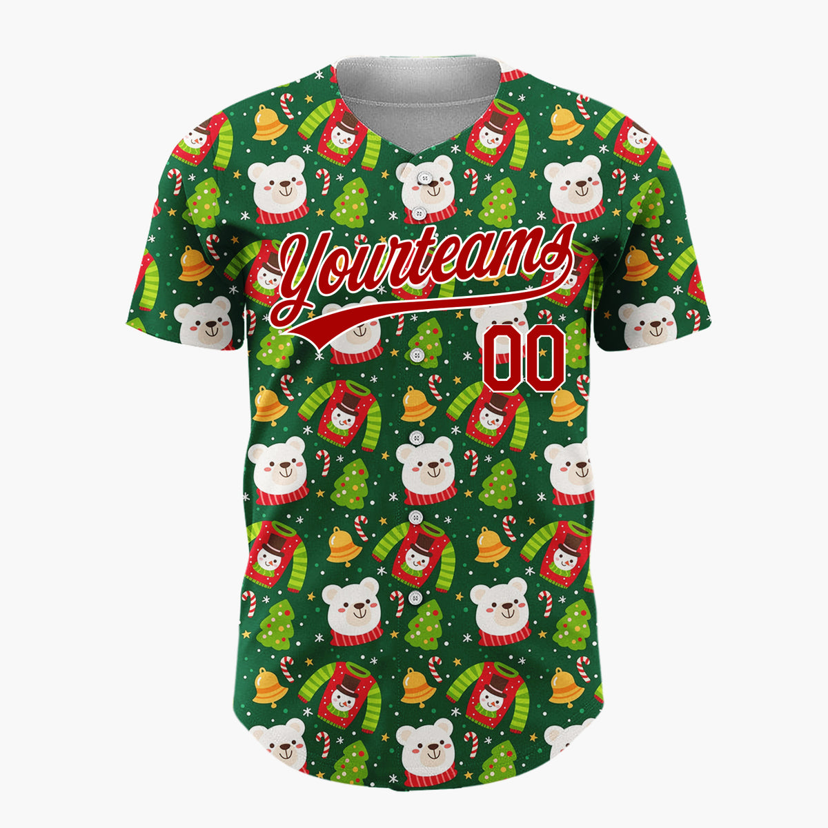 Custom Dark Green Red Polar Bears Sweaters And Trees Cozy Holiday Pattern Christmas Baseball Jersey