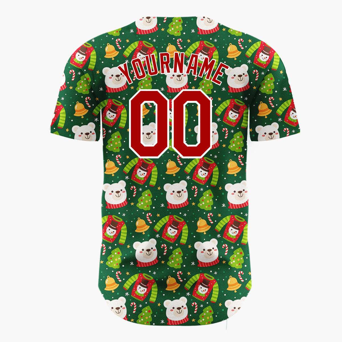 Custom Dark Green Red Polar Bears Sweaters And Trees Cozy Holiday Pattern Christmas Baseball Jersey