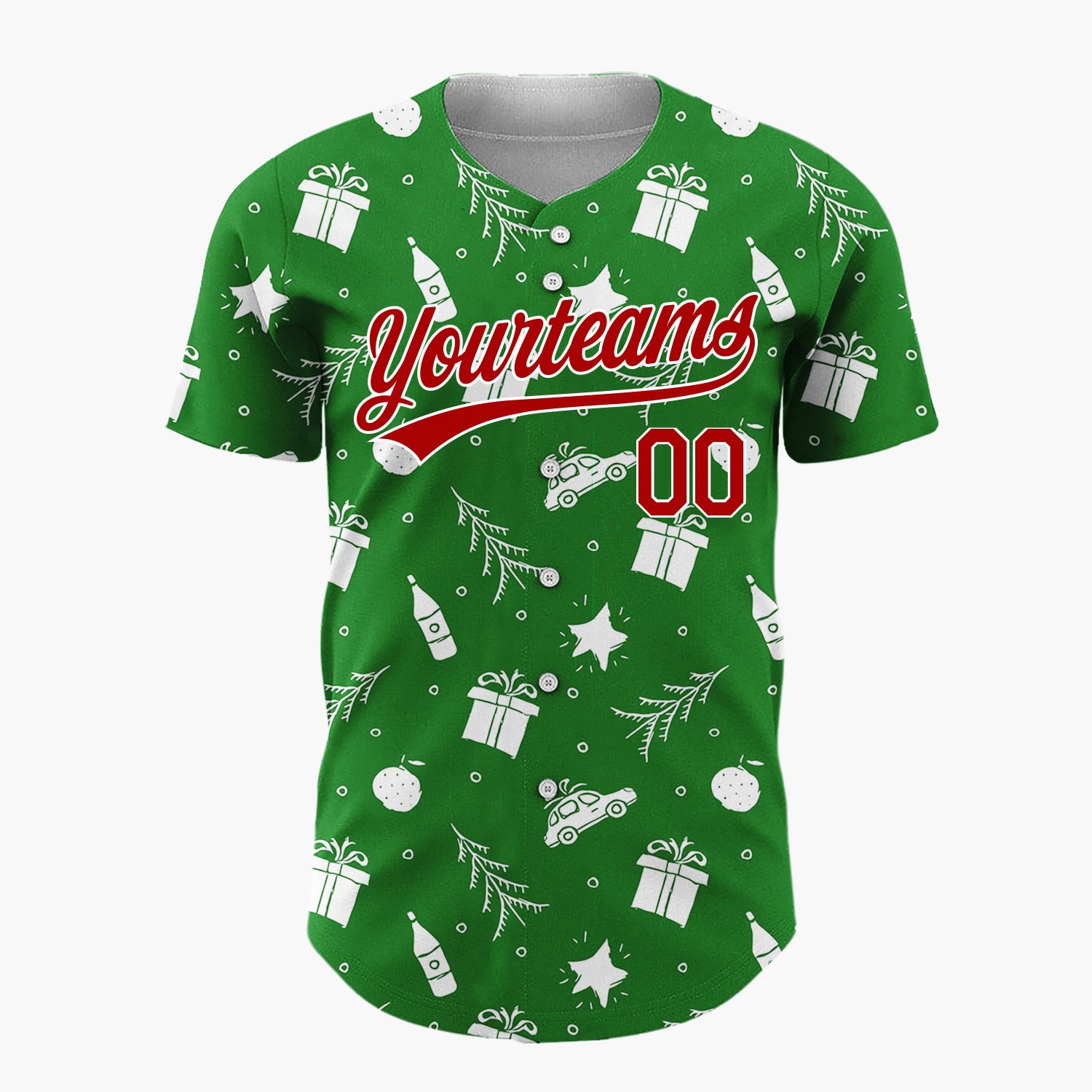 Custom Green Car Gift And Star Doodle Christmas Baseball Jersey