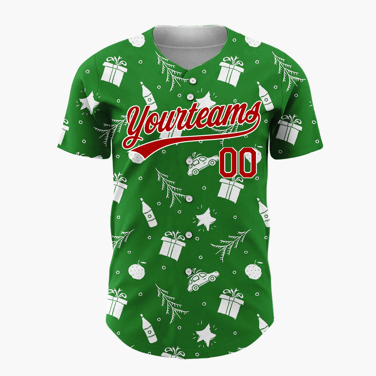 Custom Green Car Gift And Star Doodle Christmas Baseball Jersey