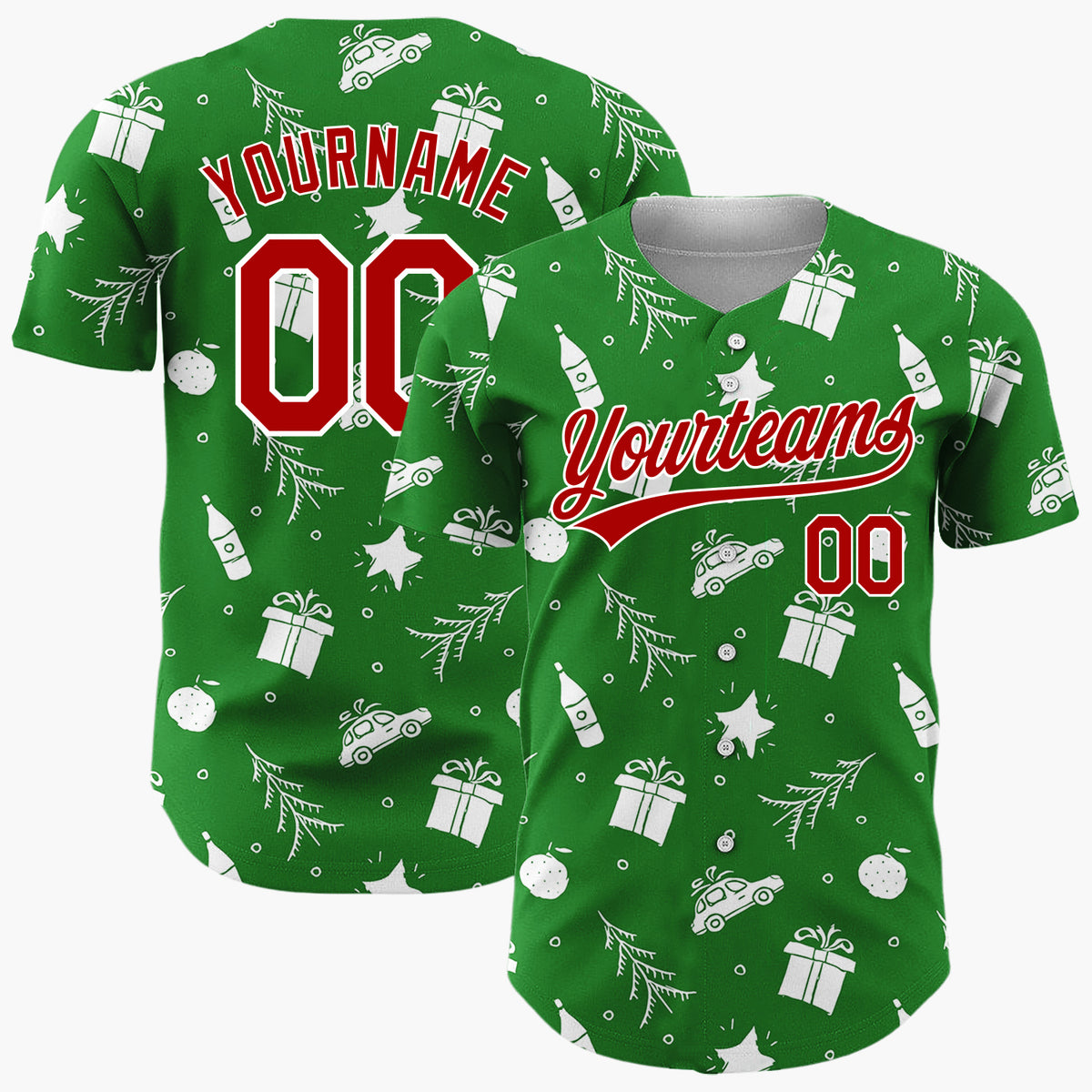 Custom Green Car Gift And Star Doodle Christmas Baseball Jersey