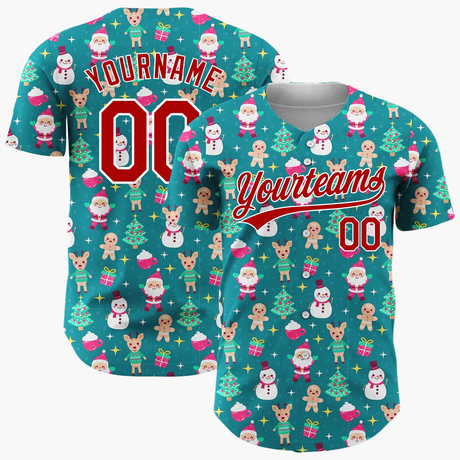Custom Dark Green Snowman Gingerbread Men Cartoon Pattern Christmas Baseball Jersey