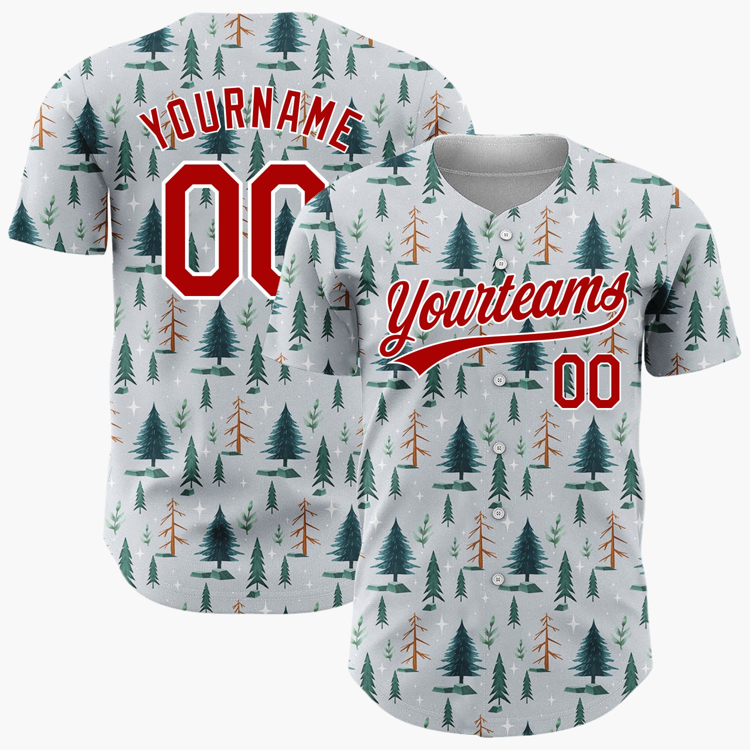Custom Gray Pine Fir Trees Winter Woodland Pattern Christmas Baseball Jersey