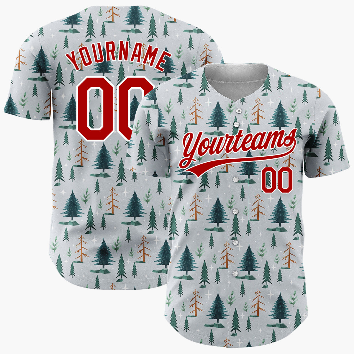 Custom Gray Pine Fir Trees Winter Woodland Pattern Christmas Baseball Jersey