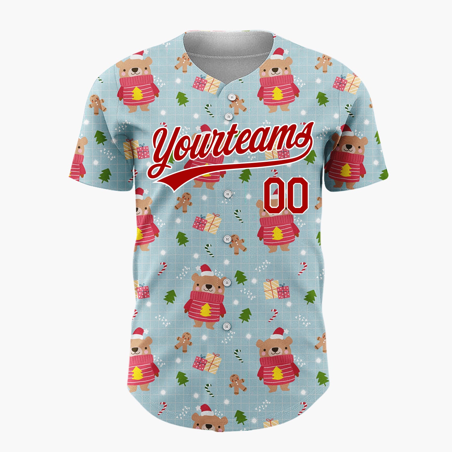 Custom Light Blue Bear Gingerbread And Tree Cartoon Christmas Baseball Jersey