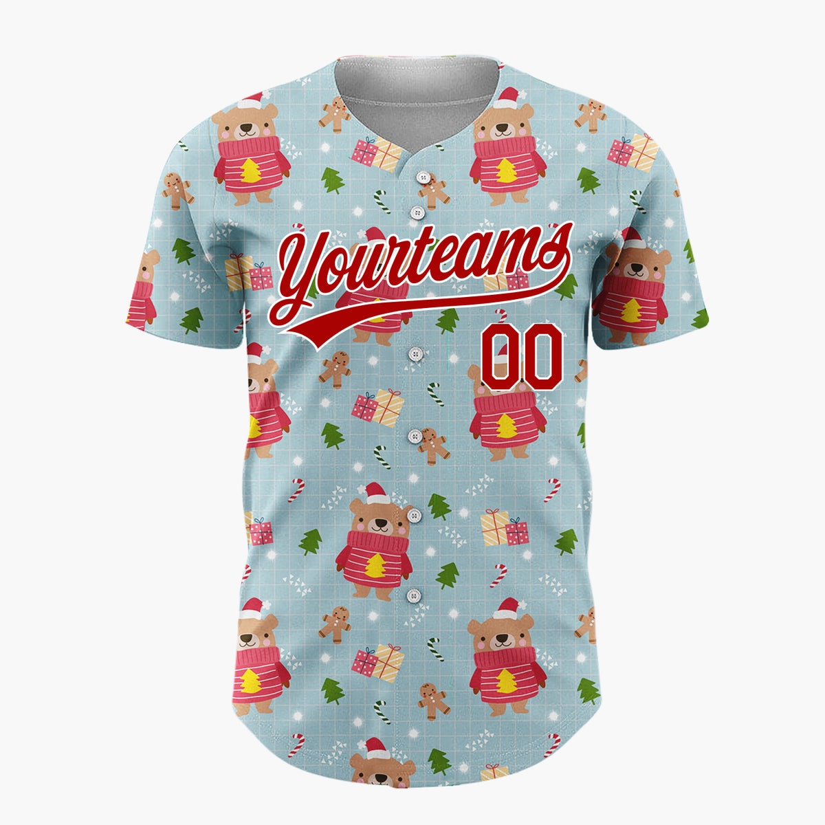 Custom Light Blue Bear Gingerbread And Tree Cartoon Christmas Baseball Jersey