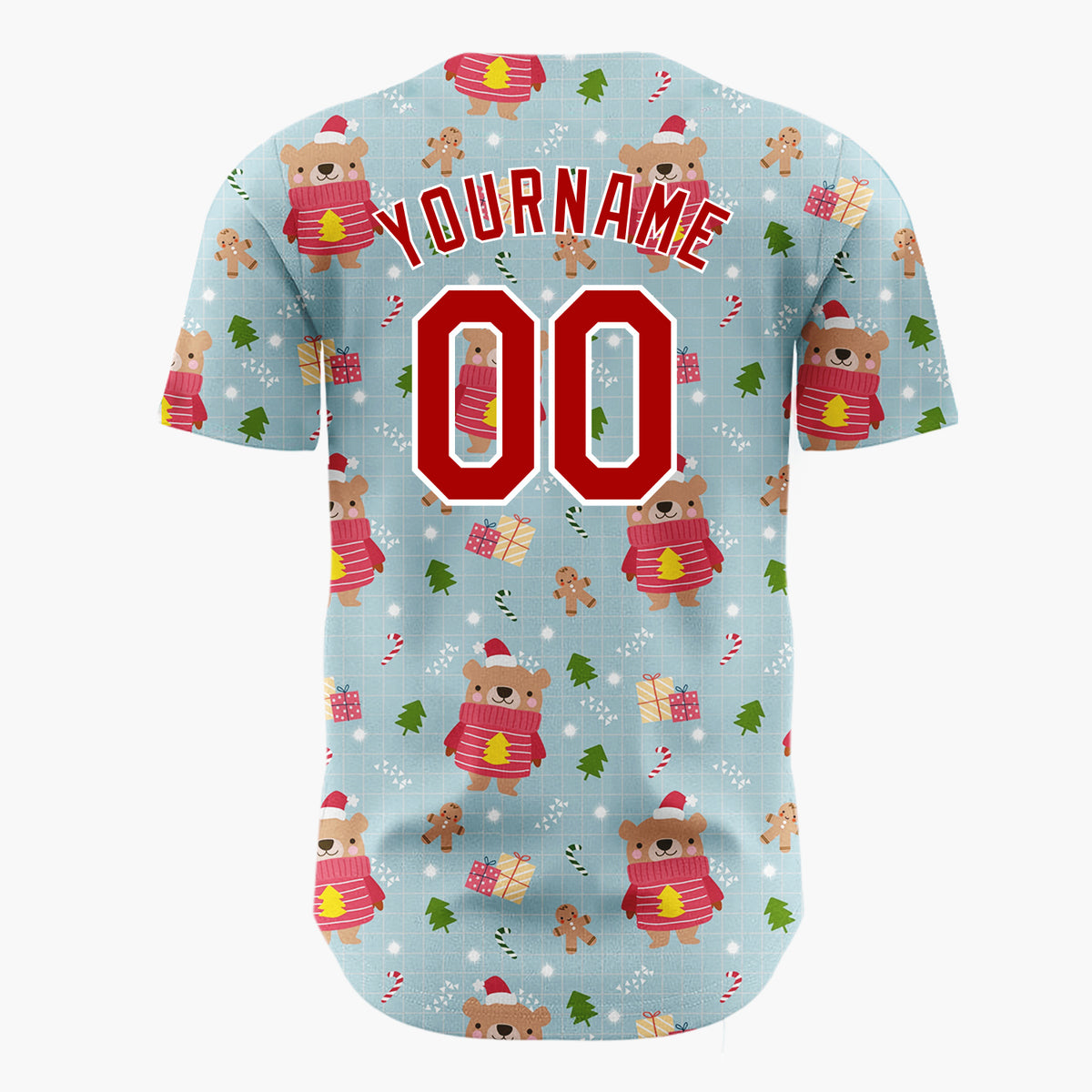 Custom Light Blue Bear Gingerbread And Tree Cartoon Christmas Baseball Jersey