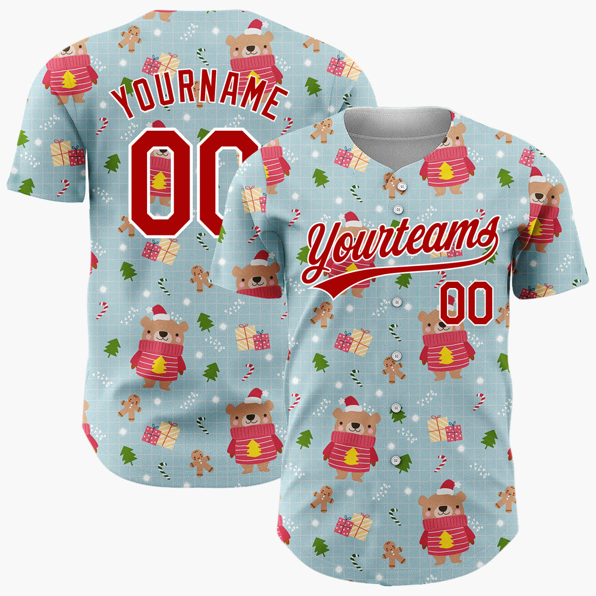 Custom Light Blue Bear Gingerbread And Tree Cartoon Christmas Baseball Jersey