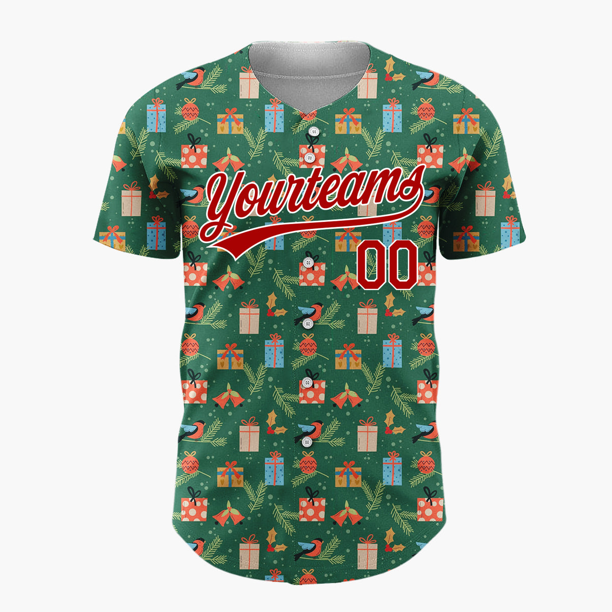 Custom Green Red Blue Birds Gifts And Pine Sprigs Traditional Holiday Pattern Christmas Baseball Jersey