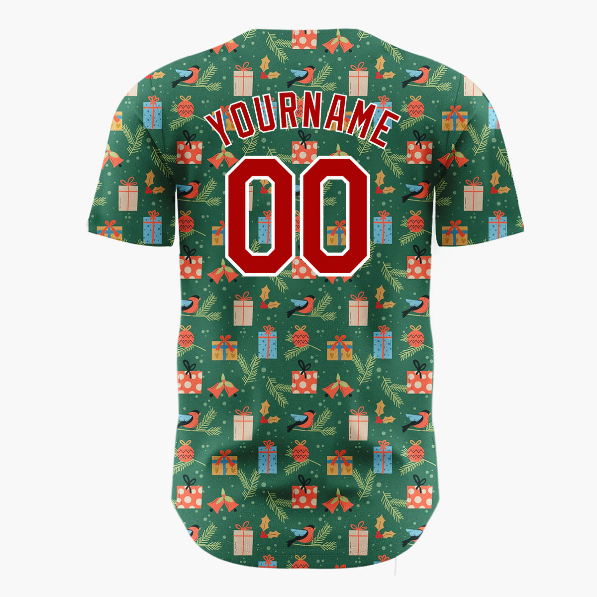 Custom Green Red Blue Birds Gifts And Pine Sprigs Traditional Holiday Pattern Christmas Baseball Jersey