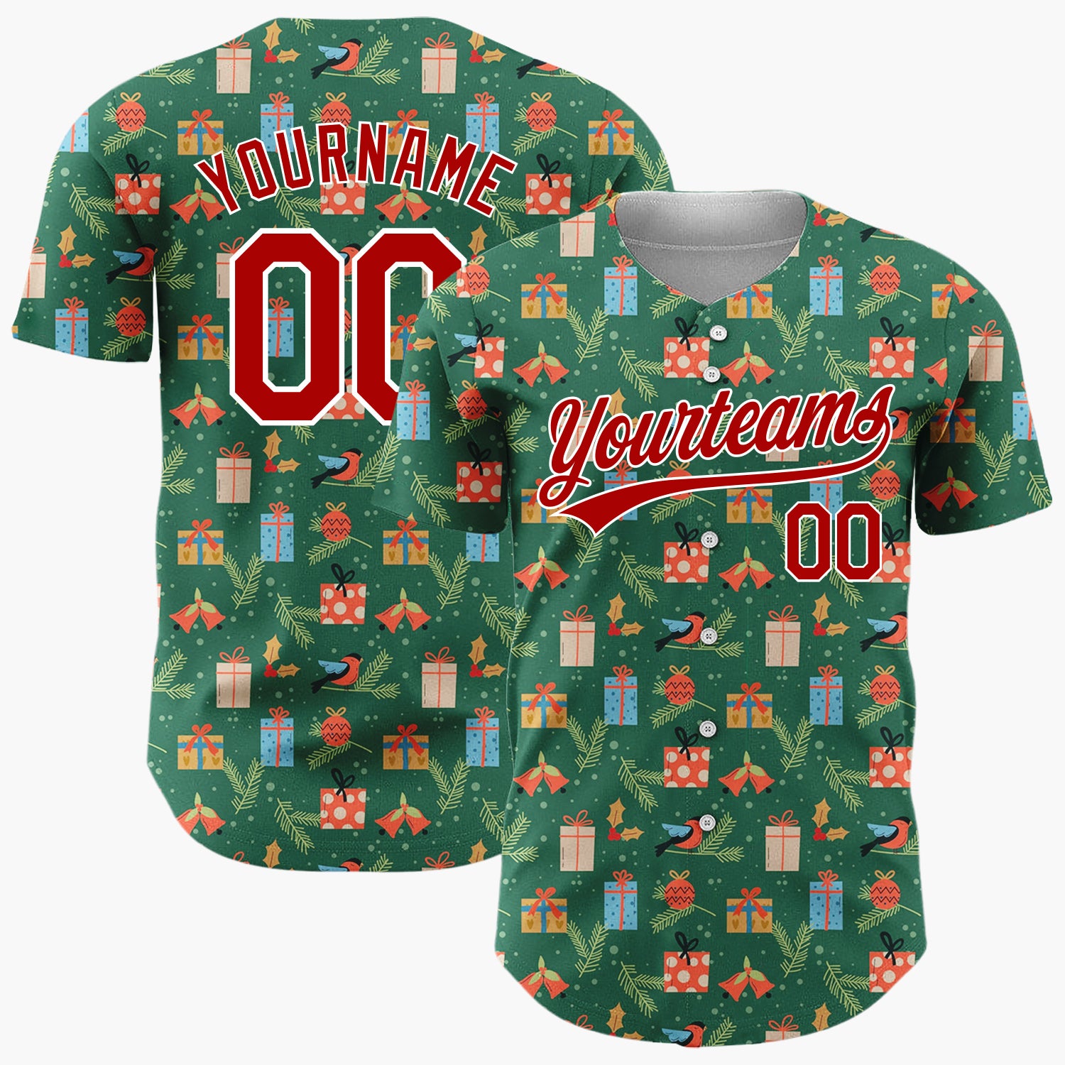 Custom Green Red Blue Birds Gifts And Pine Sprigs Traditional Holiday Pattern Christmas Baseball Jersey