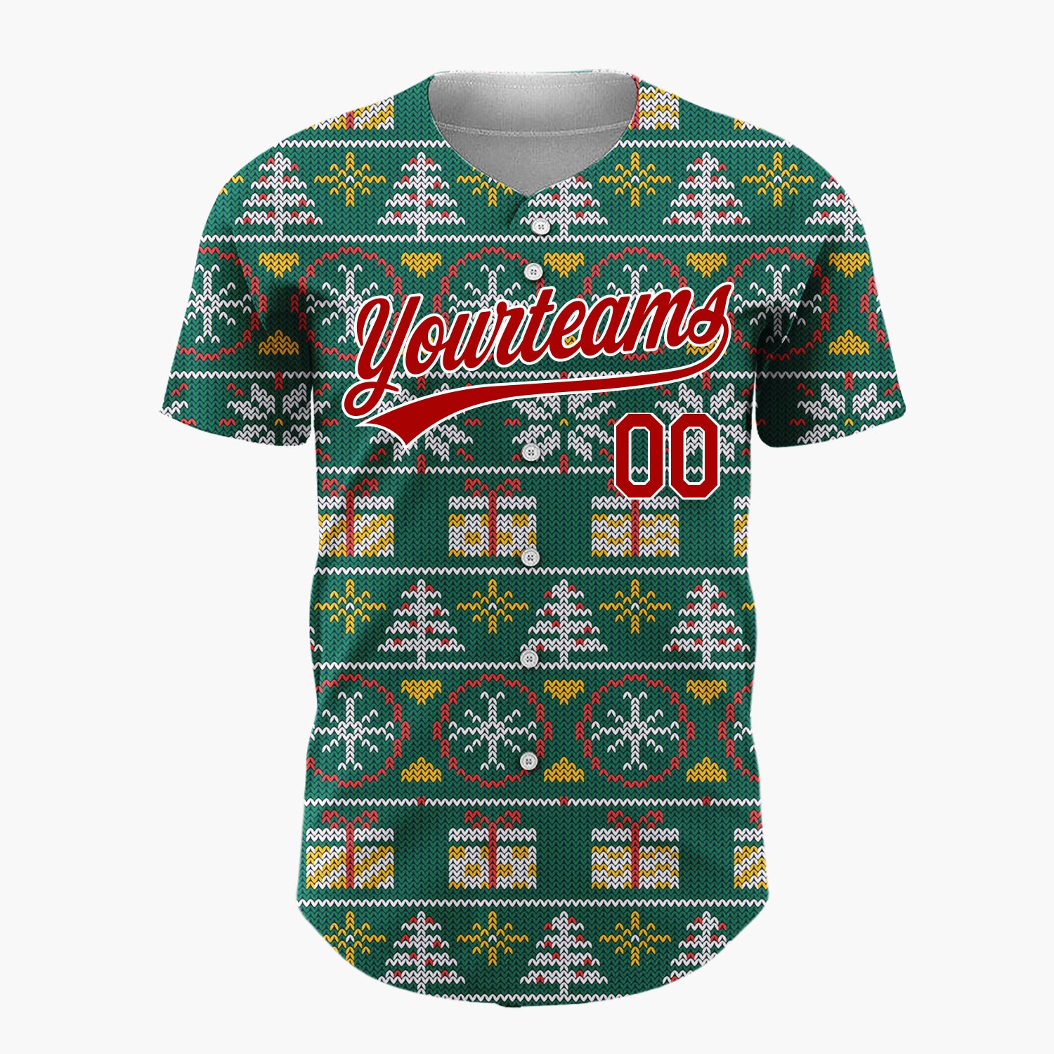 Custom Green Red Trees Gifts And Snowflakes Knitted Christmas Baseball Jersey