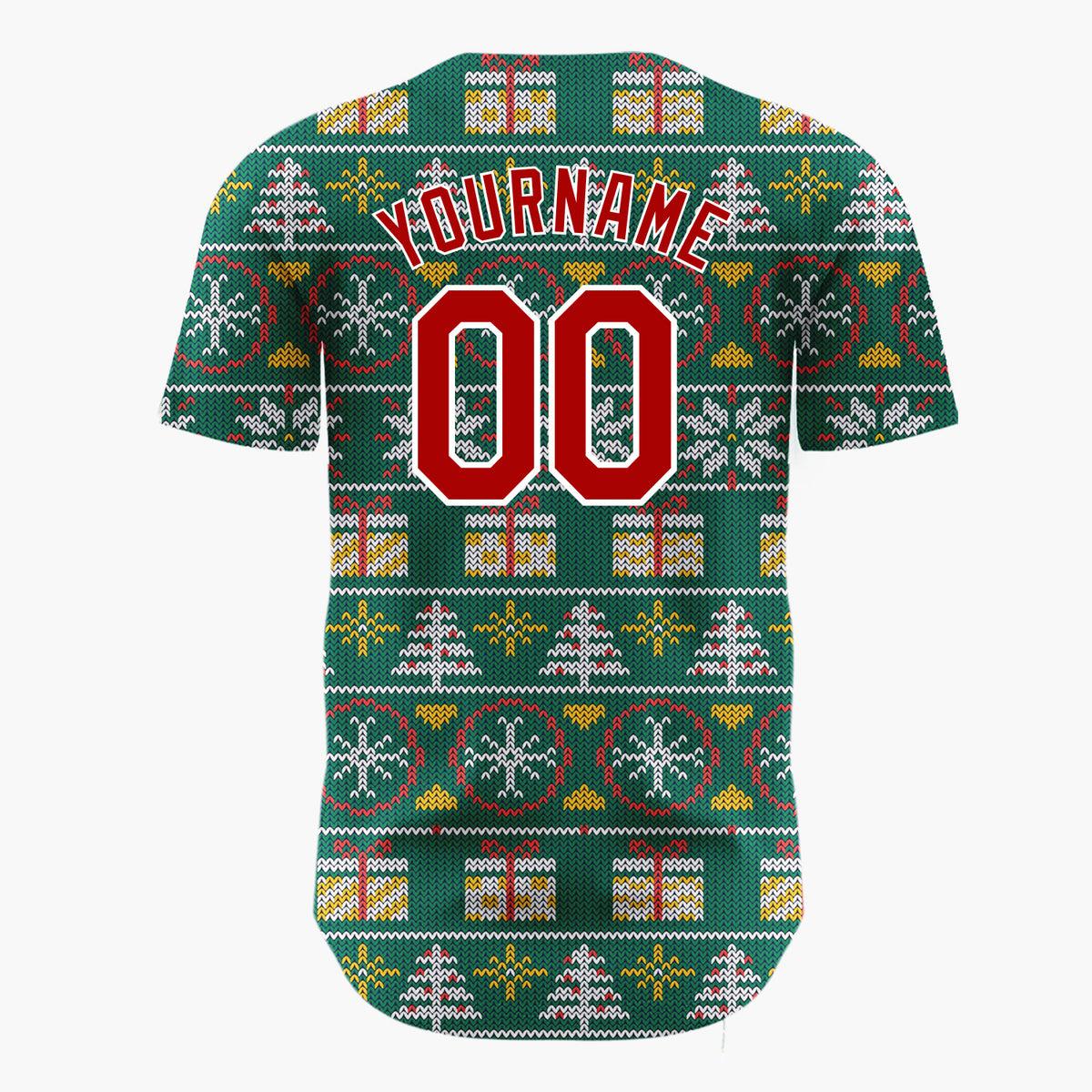 Custom Green Red Trees Gifts And Snowflakes Knitted Christmas Baseball Jersey