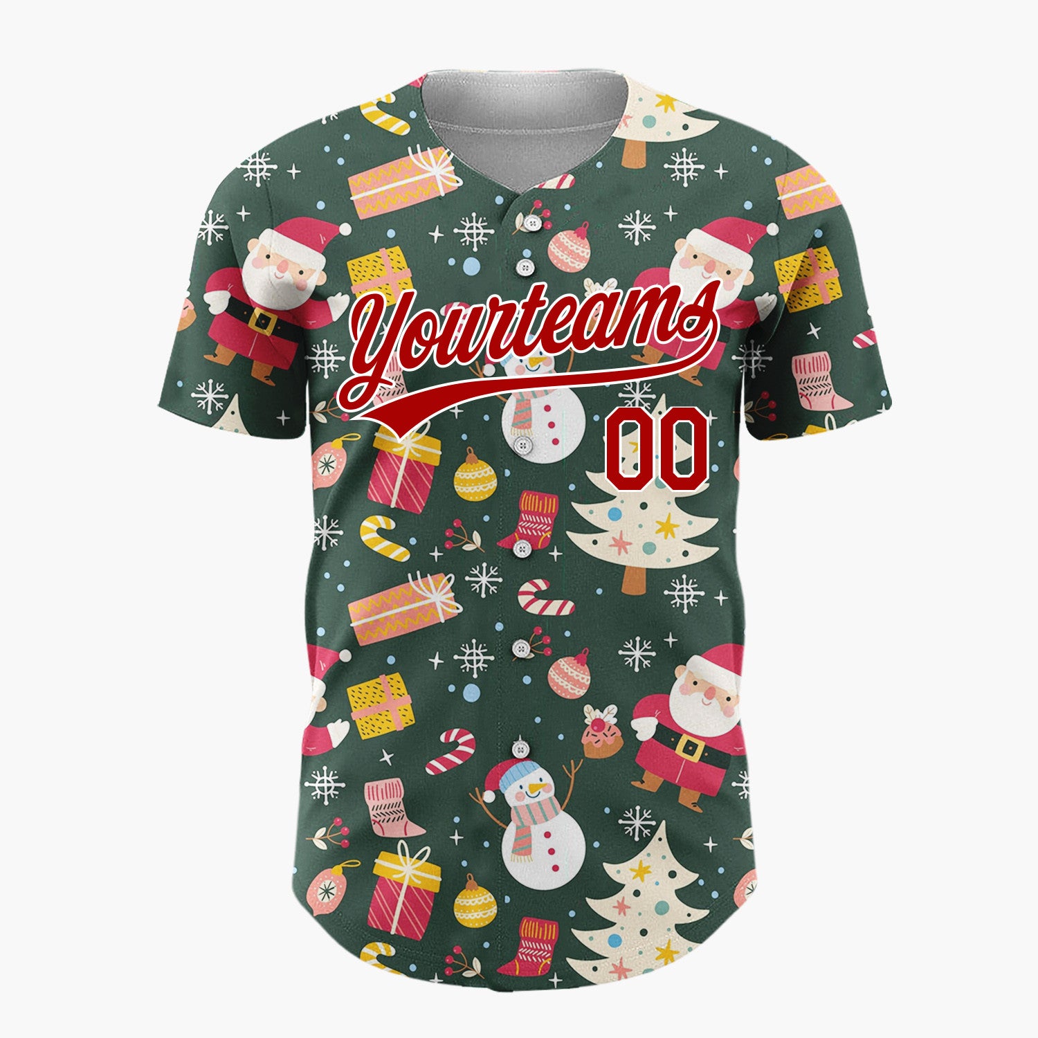 Custom Dark Green Red Santa Snowman Festive Pattern Christmas Baseball Jersey