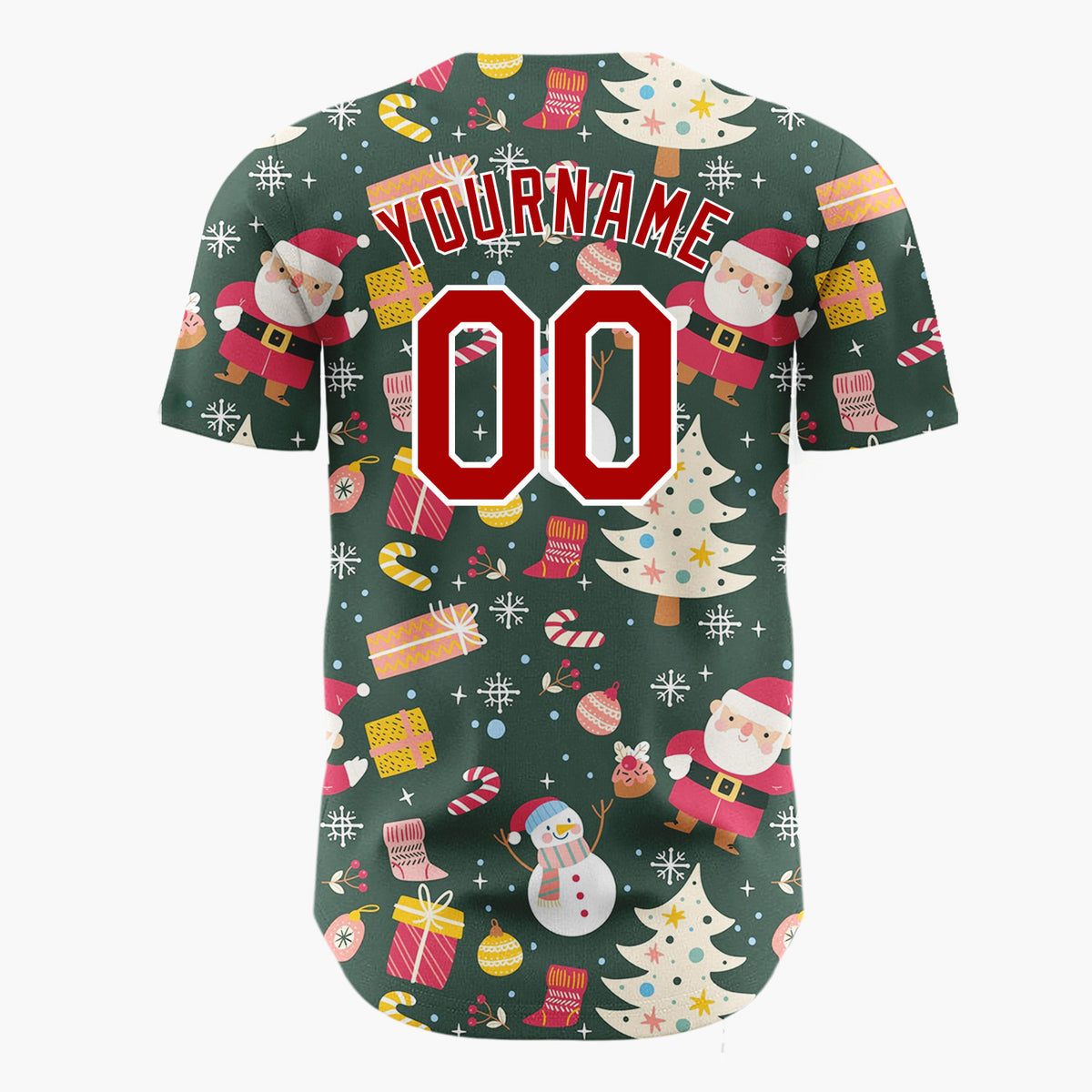 Custom Dark Green Red Santa Snowman Festive Pattern Christmas Baseball Jersey
