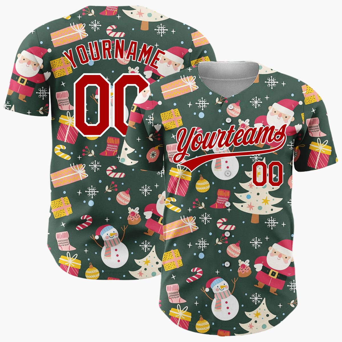 Custom Dark Green Red Santa Snowman Festive Pattern Christmas Baseball Jersey