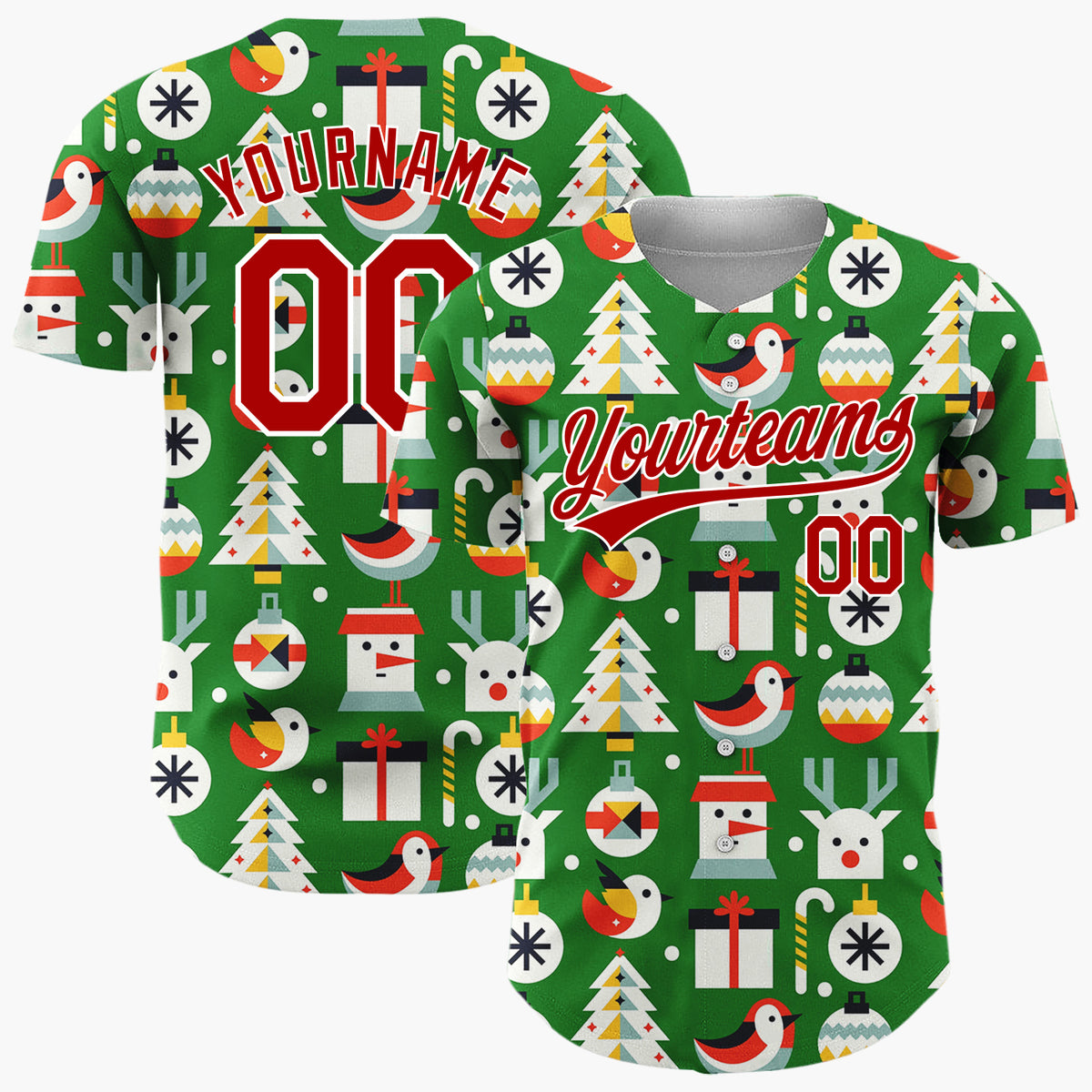 Custom Green Minimalist Santa Reindeer And Bird Geometric Christmas Baseball Jersey