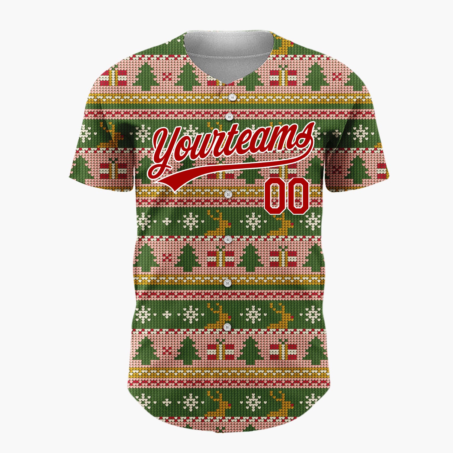 Custom Green Pink Gold Trees Gifts And Reindeers Cozy Fair Isle Pattern Christmas Baseball Jersey