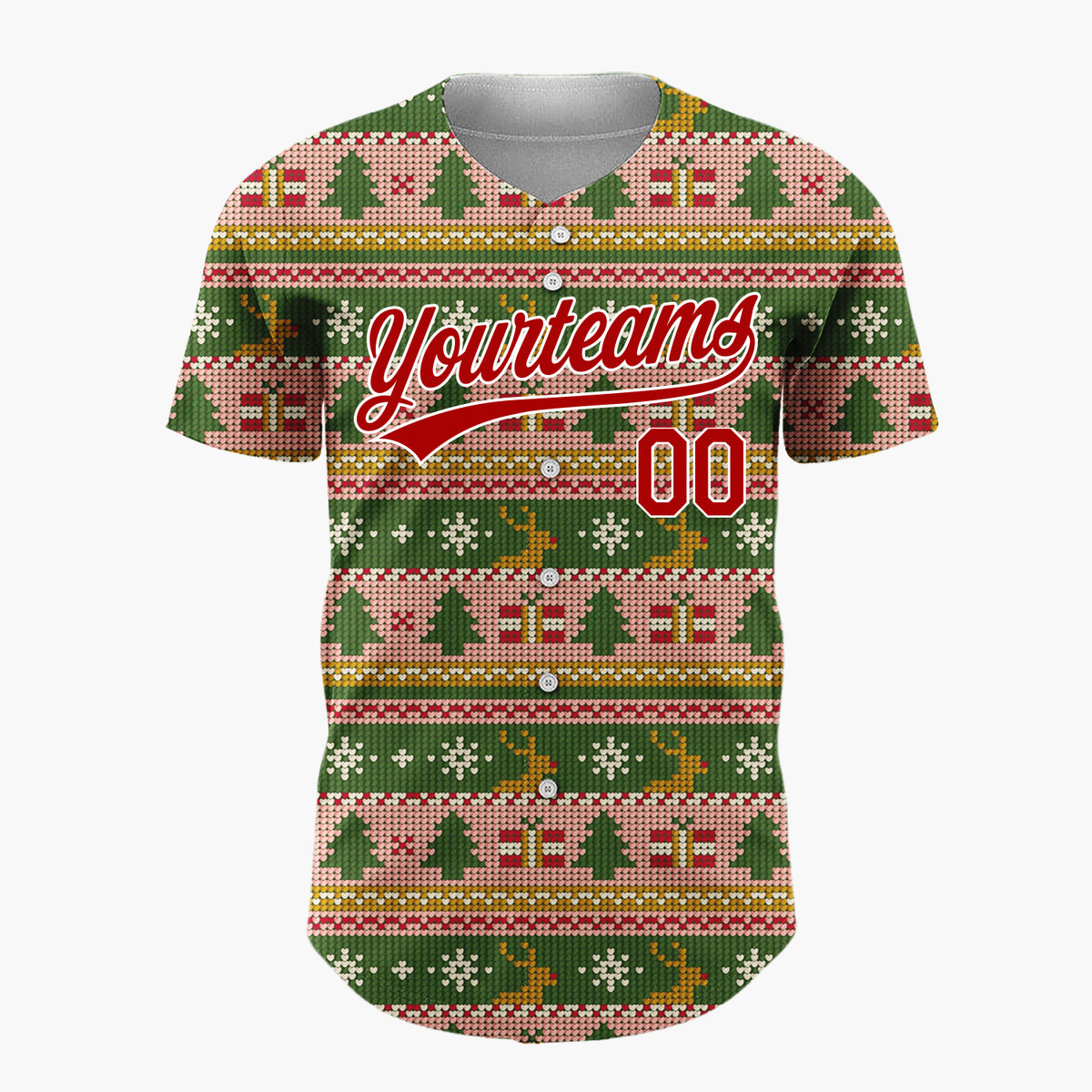 Custom Green Pink Gold Trees Gifts And Reindeers Cozy Fair Isle Pattern Christmas Baseball Jersey