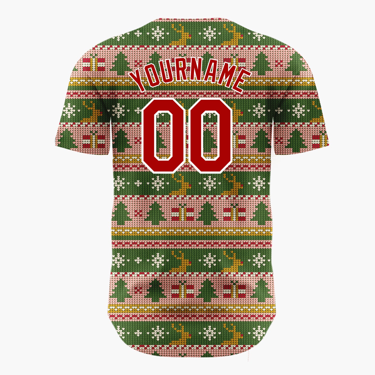 Custom Green Pink Gold Trees Gifts And Reindeers Cozy Fair Isle Pattern Christmas Baseball Jersey