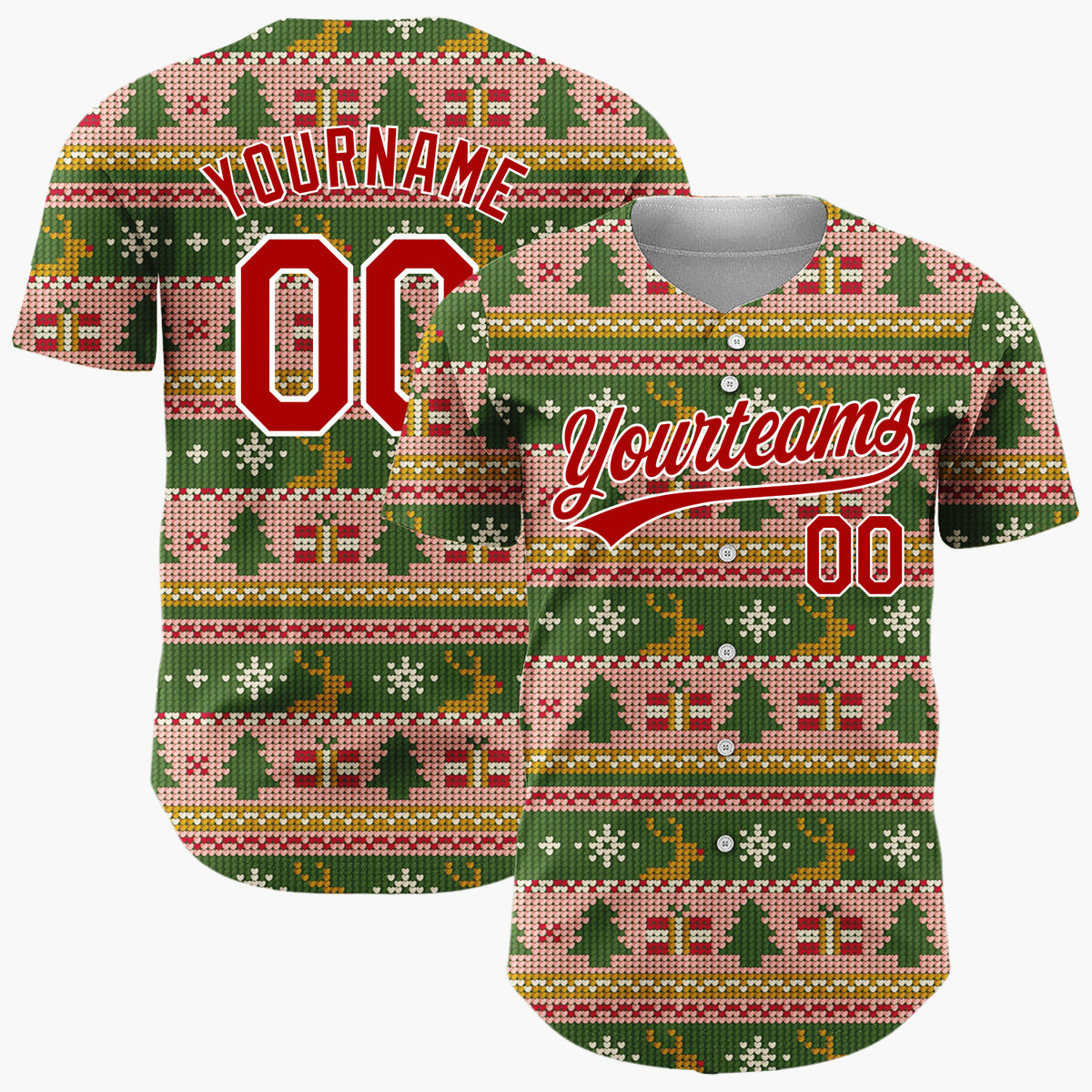 Custom Green Pink Gold Trees Gifts And Reindeers Cozy Fair Isle Pattern Christmas Baseball Jersey