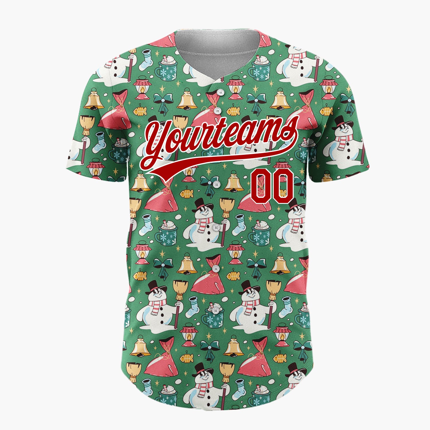 Custom Green Red Yellow Snowmen Bells And Gifts Fun Christmas Baseball Jersey
