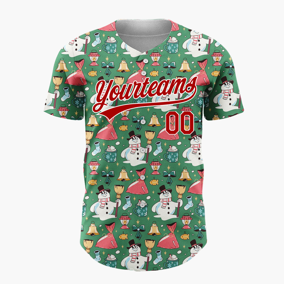 Custom Green Red Yellow Snowmen Bells And Gifts Fun Christmas Baseball Jersey