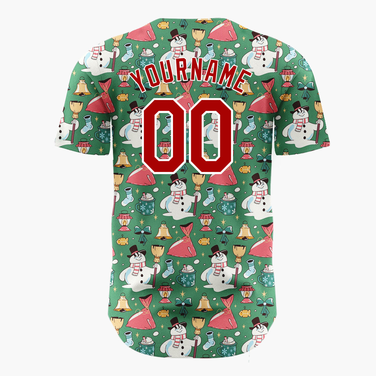 Custom Green Red Yellow Snowmen Bells And Gifts Fun Christmas Baseball Jersey