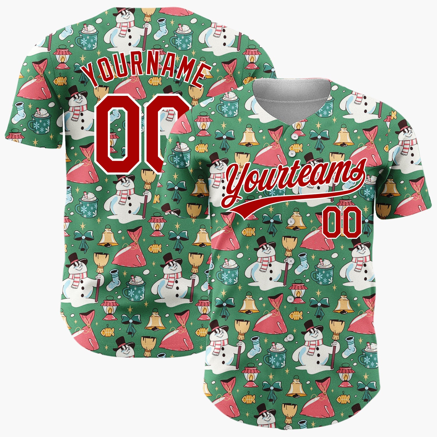 Custom Green Red Yellow Snowmen Bells And Gifts Fun Christmas Baseball Jersey