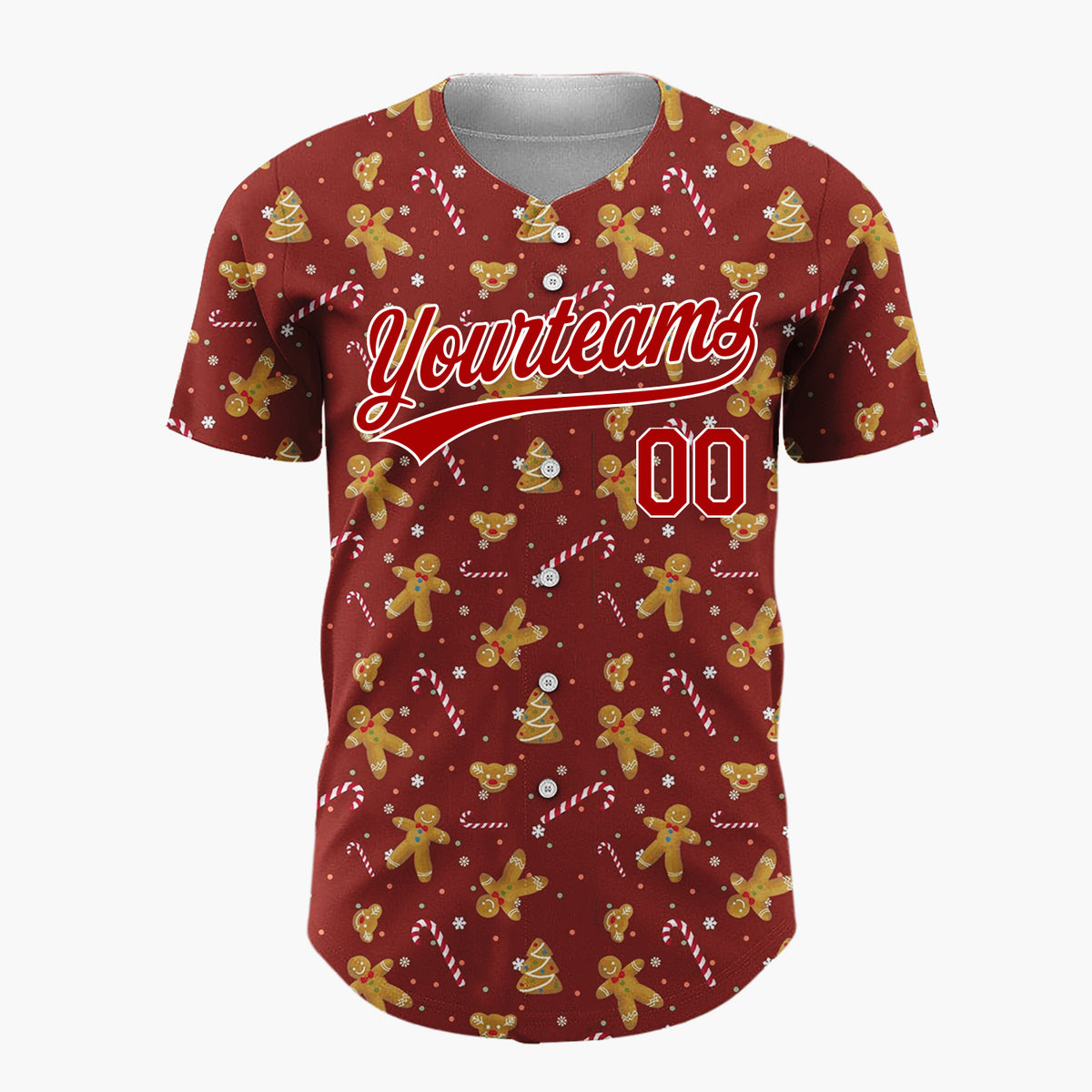 Custom Dark Red Golden Gingerbread Cookie Candy Canes Minimalist Pattern Christmas Baseball Jersey