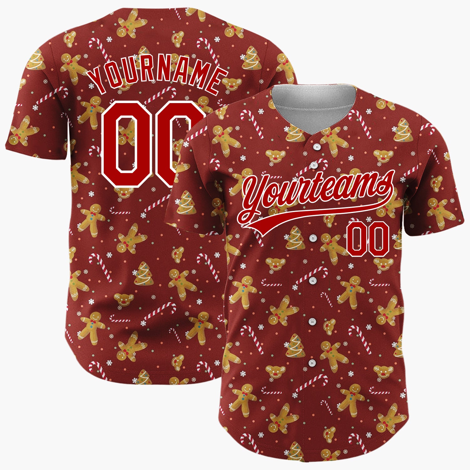 Custom Dark Red Golden Gingerbread Cookie Candy Canes Minimalist Pattern Christmas Baseball Jersey