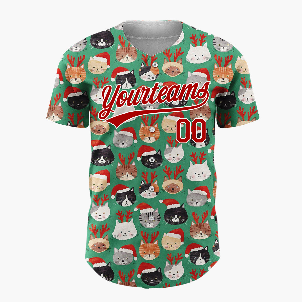 Custom Green Lovely Cats Wearing Santa Hat Christmas Doodles Cartoon Pattern Christmas Baseball Jersey
