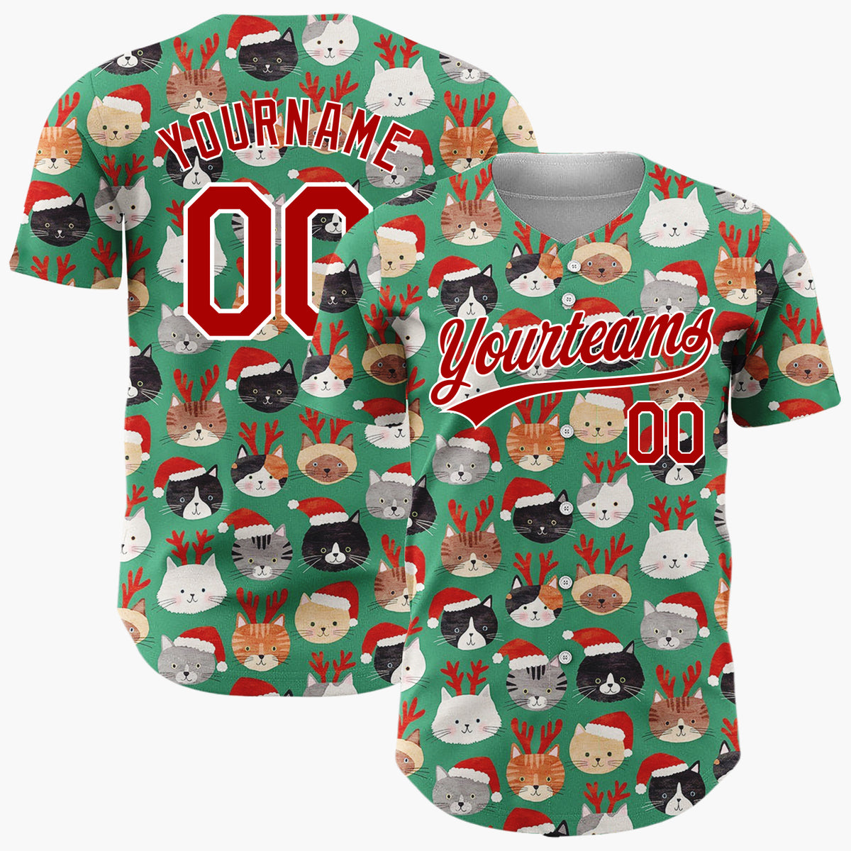 Custom Green Lovely Cats Wearing Santa Hat Christmas Doodles Cartoon Pattern Christmas Baseball Jersey