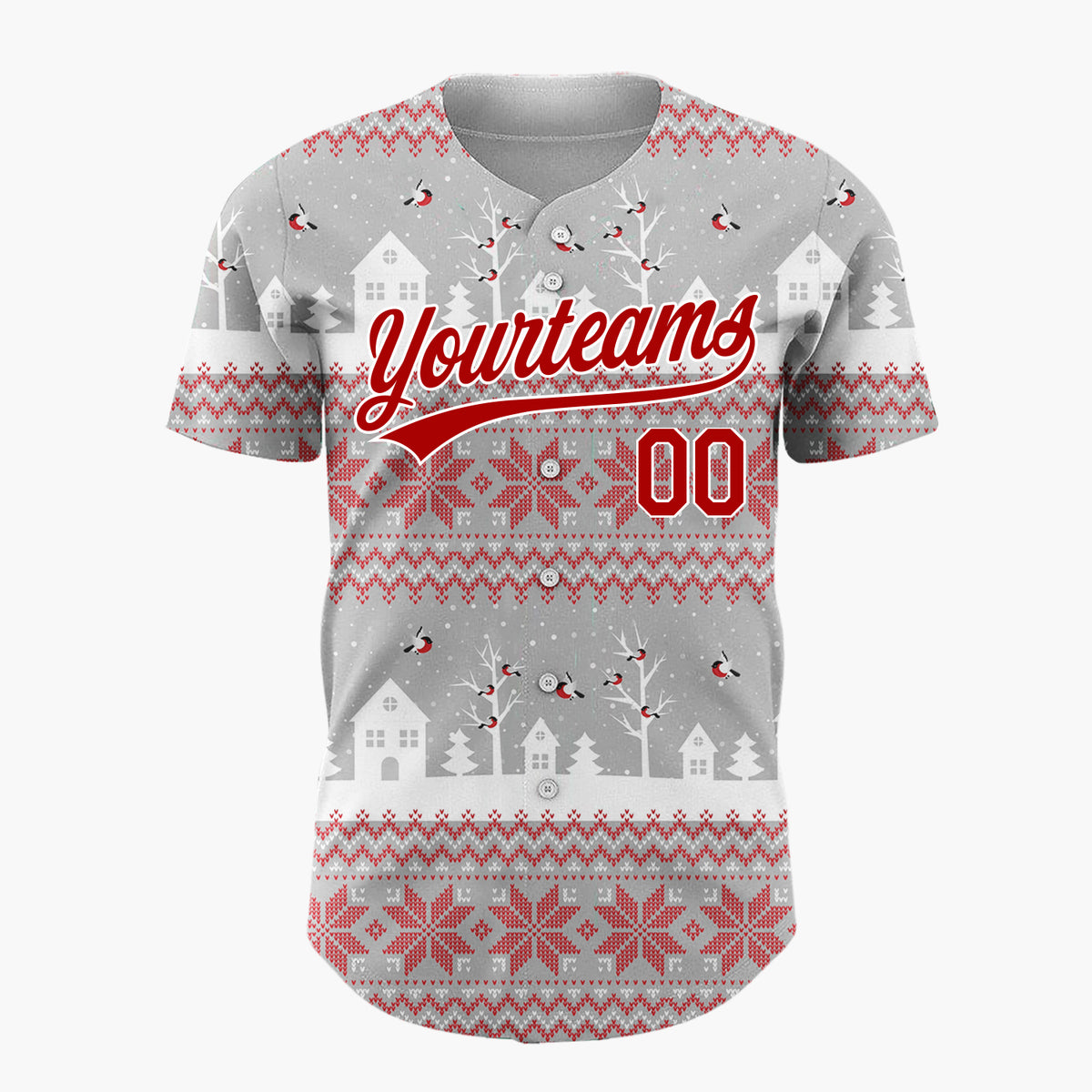 Custom Gray Red Village Nordic Fair Isle Pattern Christmas Baseball Jersey