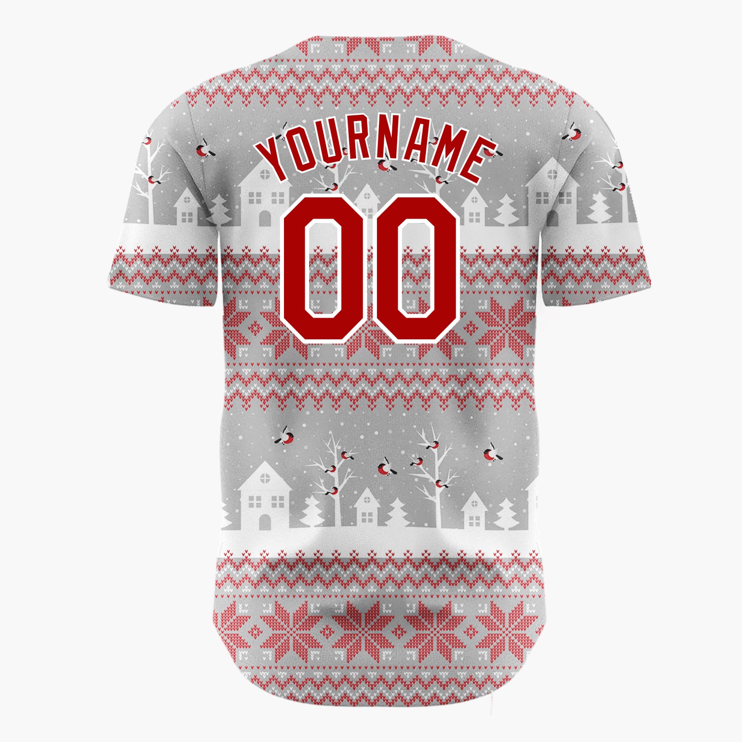 Custom Gray Red Village Nordic Fair Isle Pattern Christmas Baseball Jersey