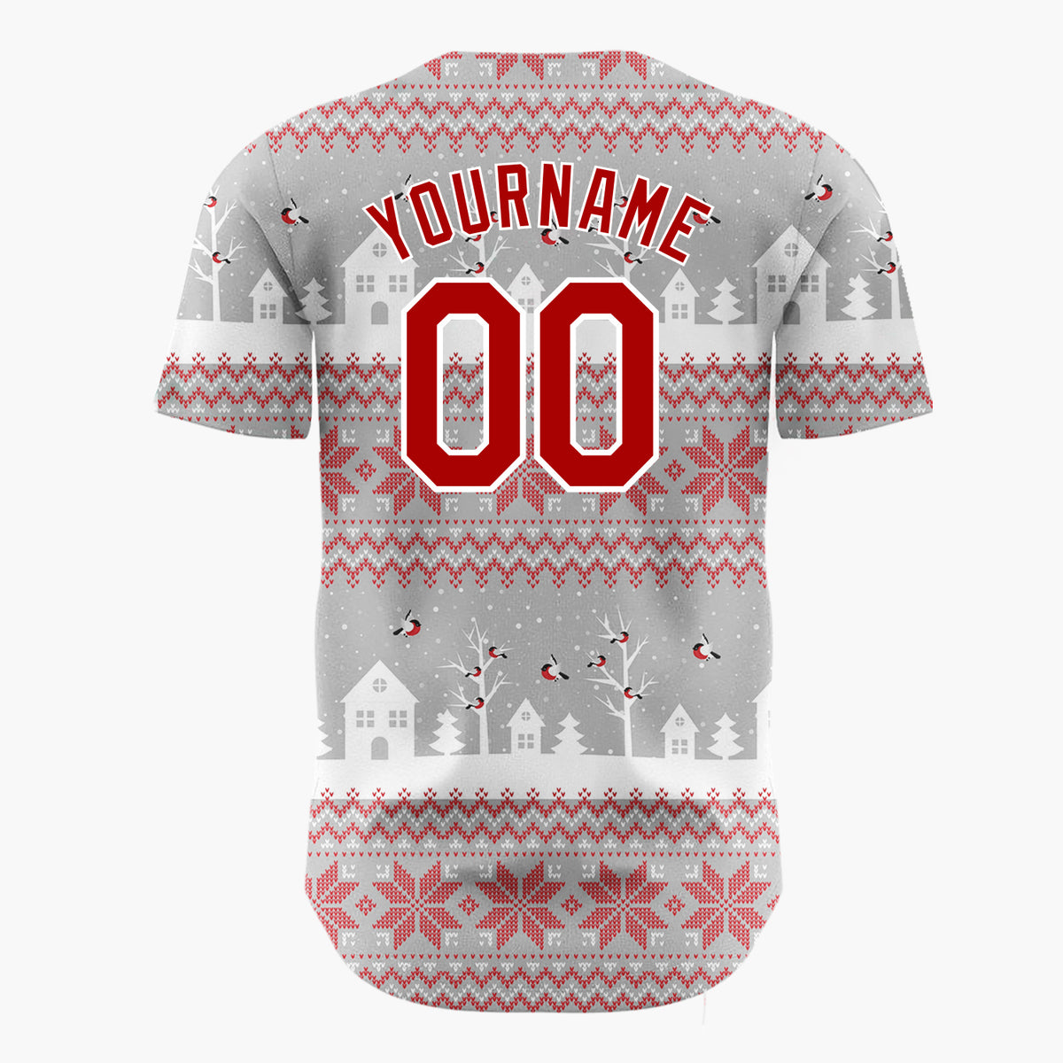 Custom Gray Red Village Nordic Fair Isle Pattern Christmas Baseball Jersey