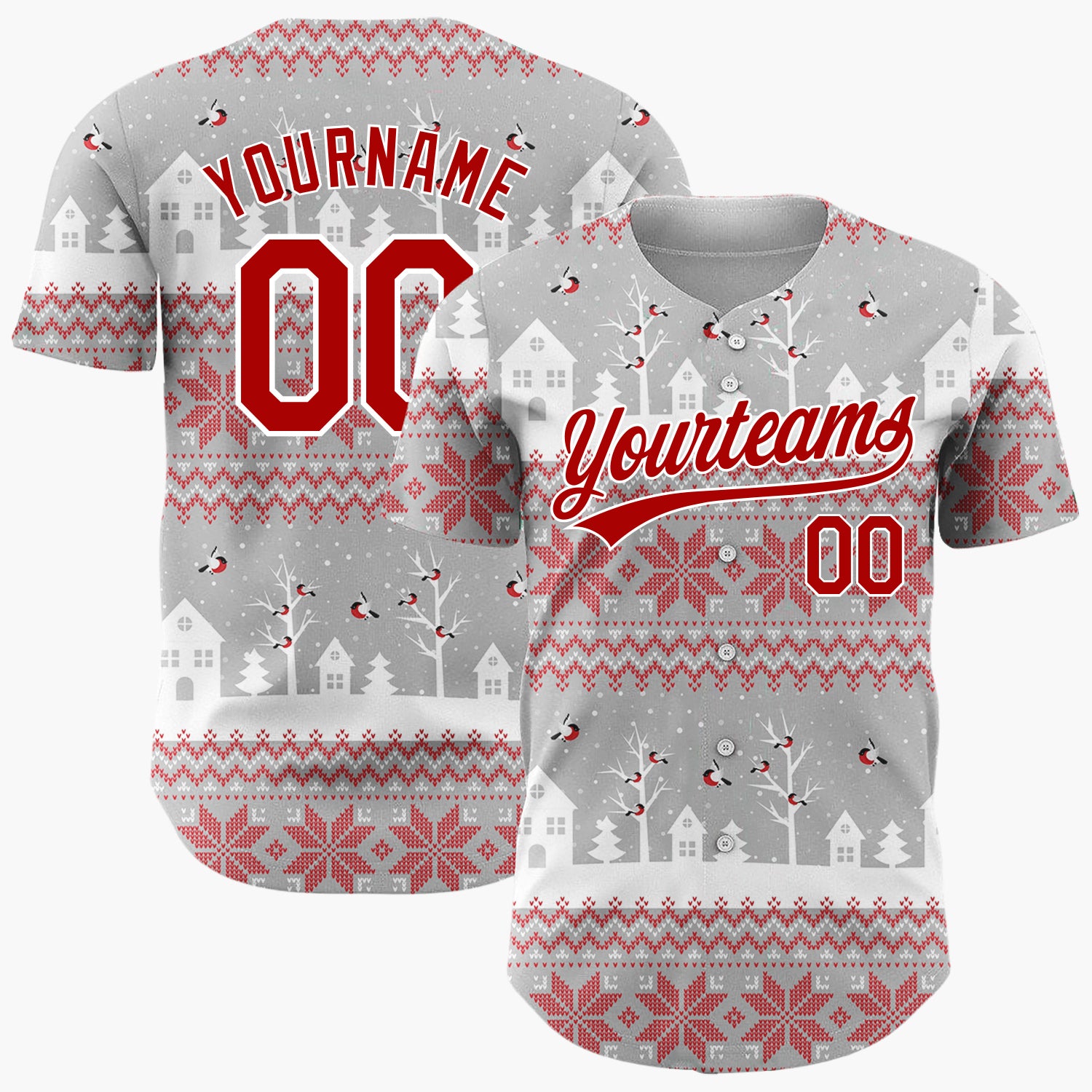 Custom Gray Red Village Nordic Fair Isle Pattern Christmas Baseball Jersey