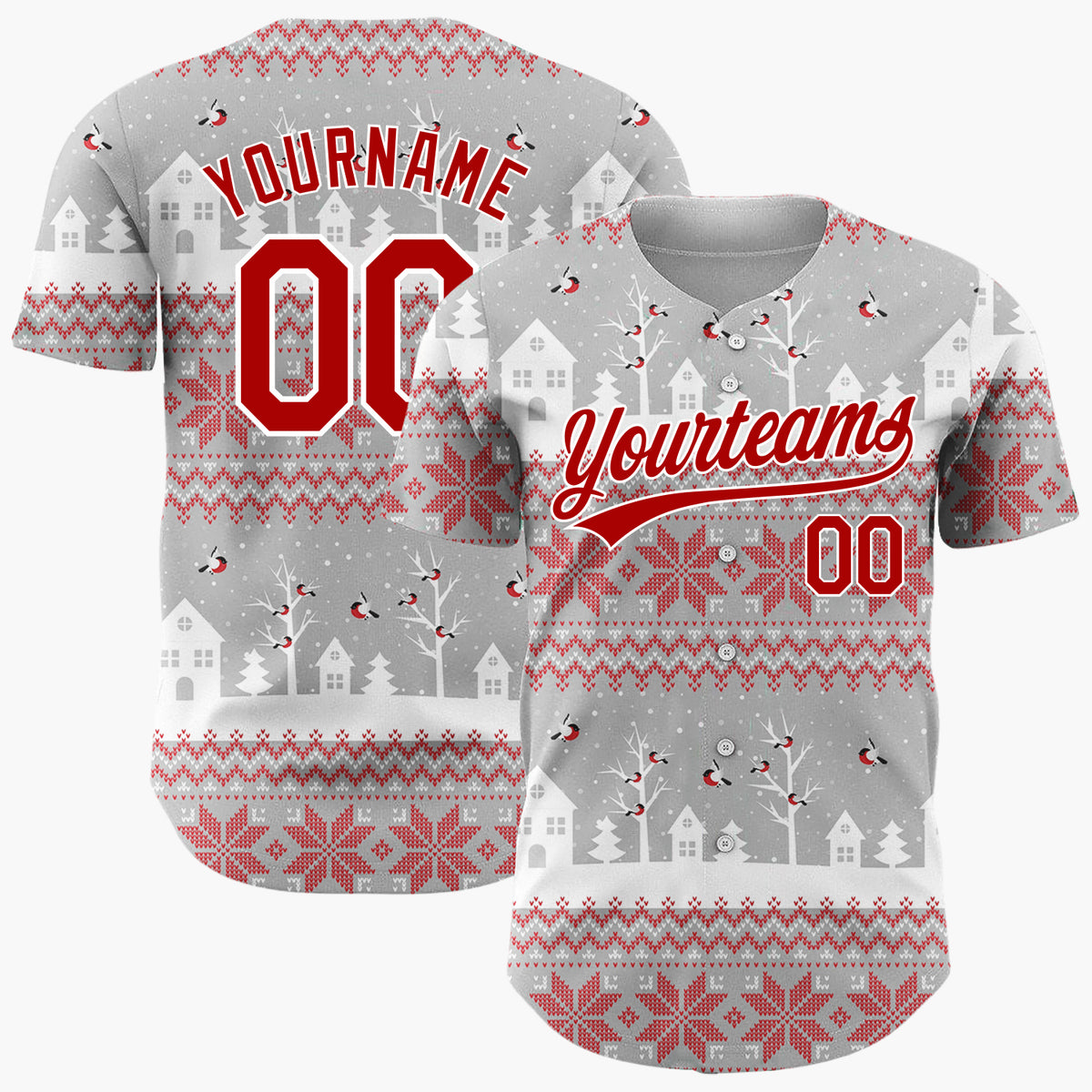 Custom Gray Red Village Nordic Fair Isle Pattern Christmas Baseball Jersey
