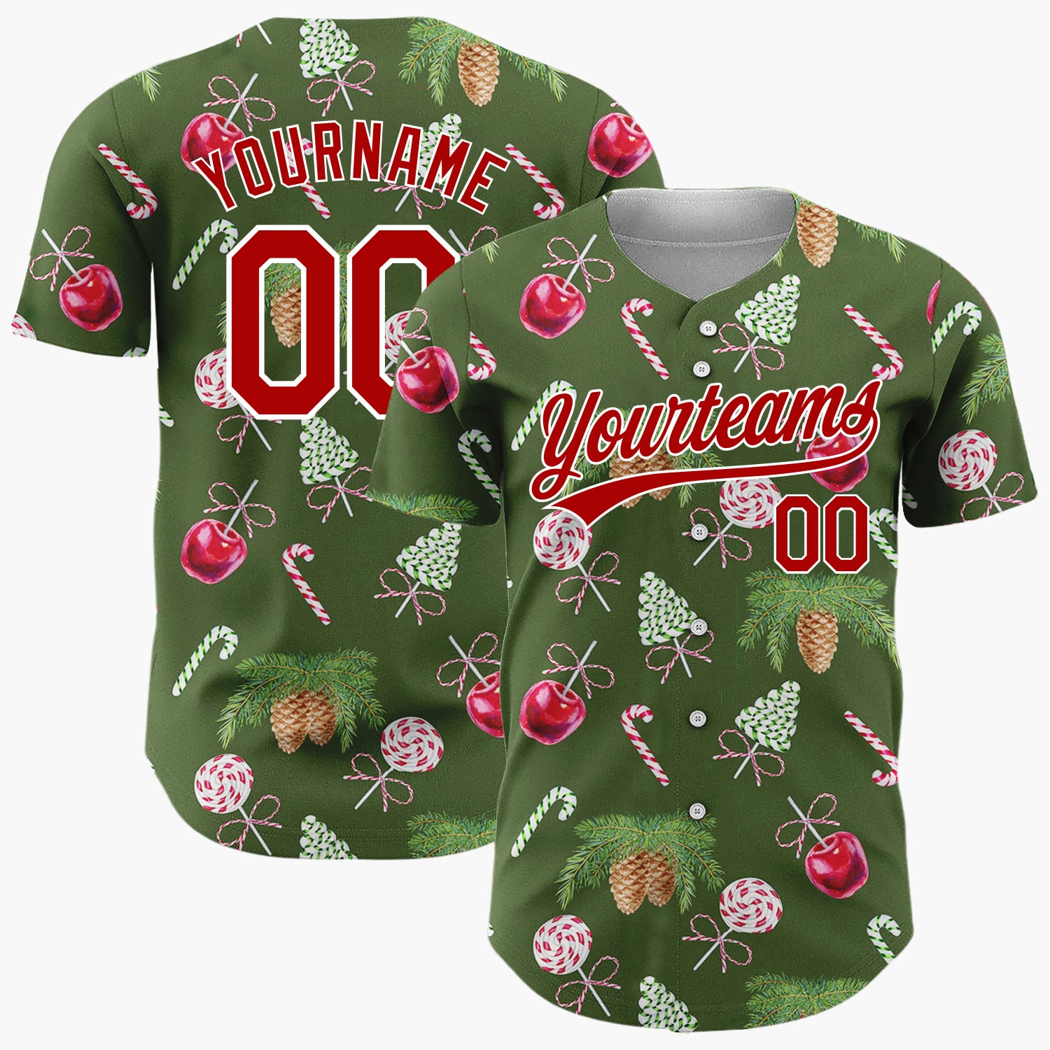 Custom Green Pinecones Candies Watercolor Christmas Baseball Jersey