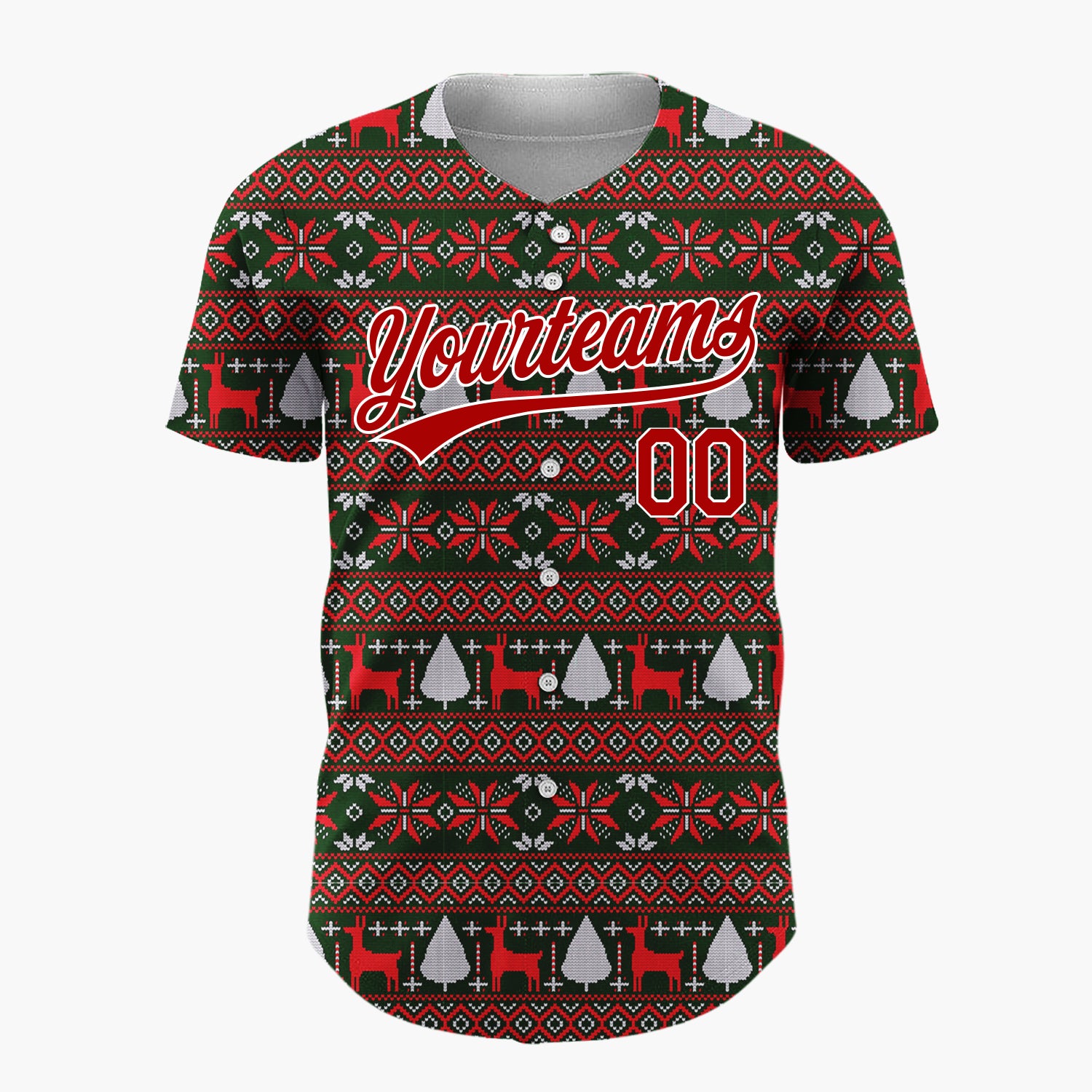 Custom Dark Green Red Reindeer And Trees Nordic Knit Pattern Christmas Baseball Jersey