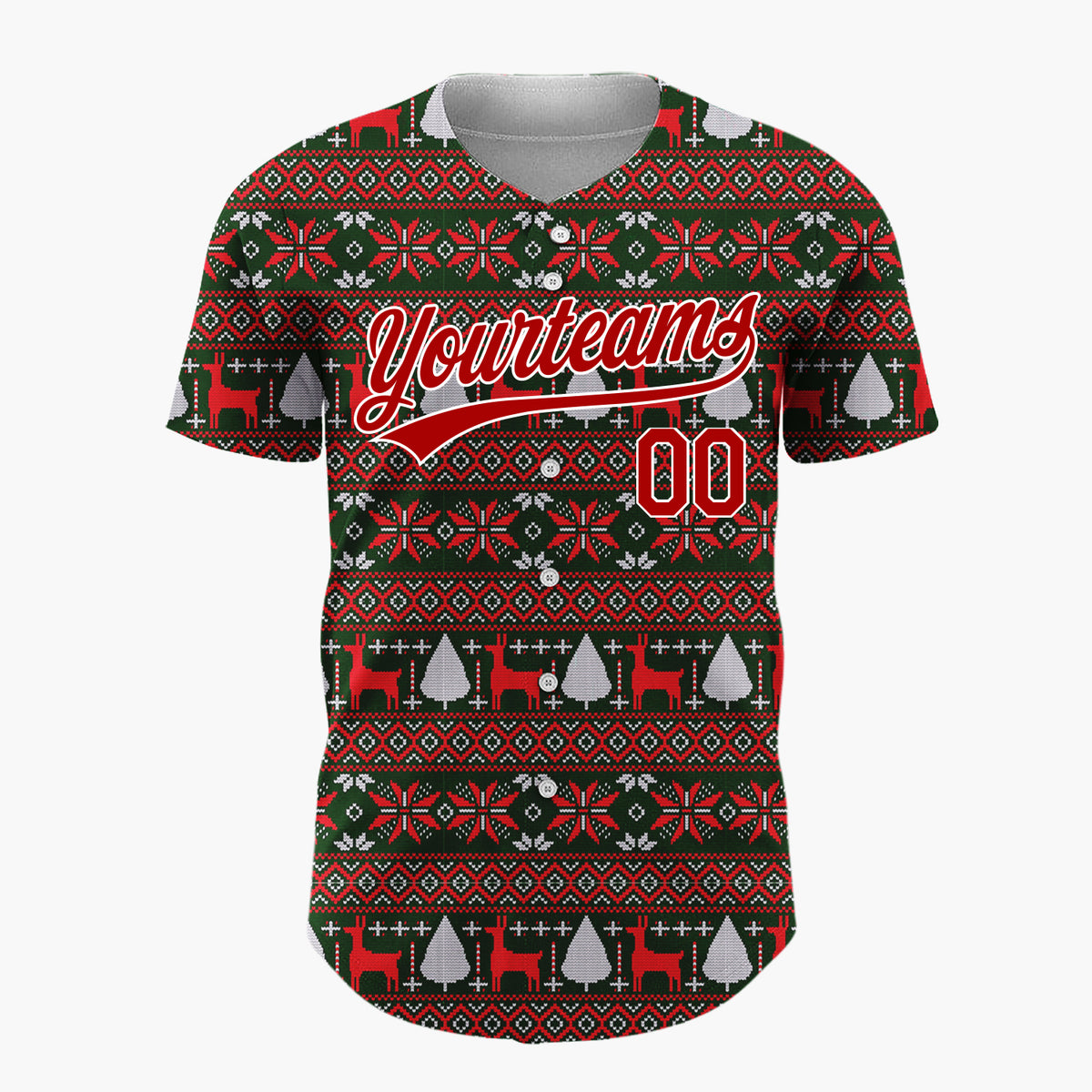 Custom Dark Green Red Reindeer And Trees Nordic Knit Pattern Christmas Baseball Jersey