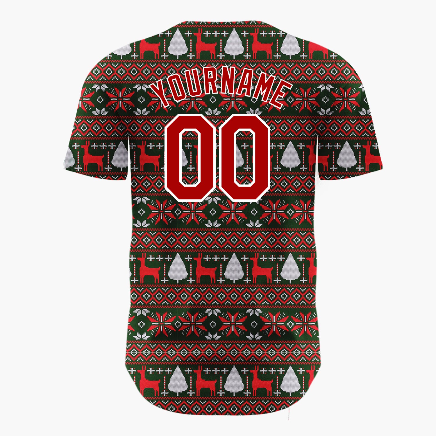 Custom Dark Green Red Reindeer And Trees Nordic Knit Pattern Christmas Baseball Jersey
